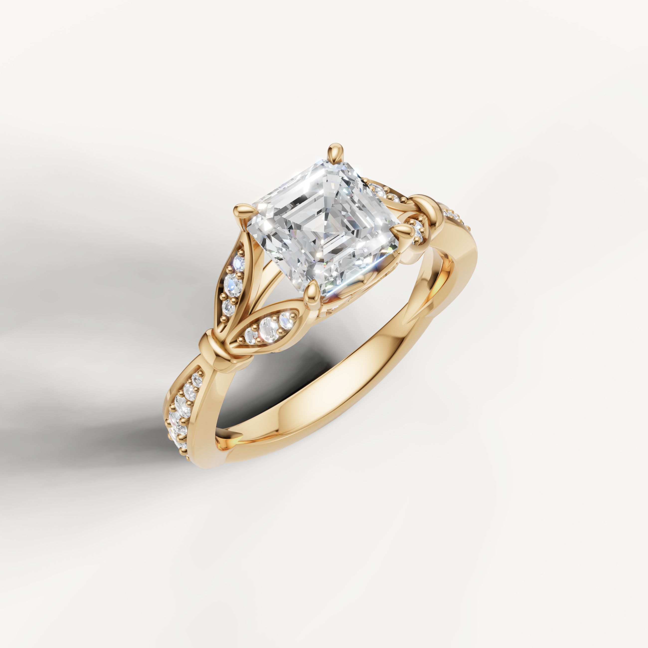 IGI certified asscher lab diamond ring with infinity style pavé setting 14k yellow gold