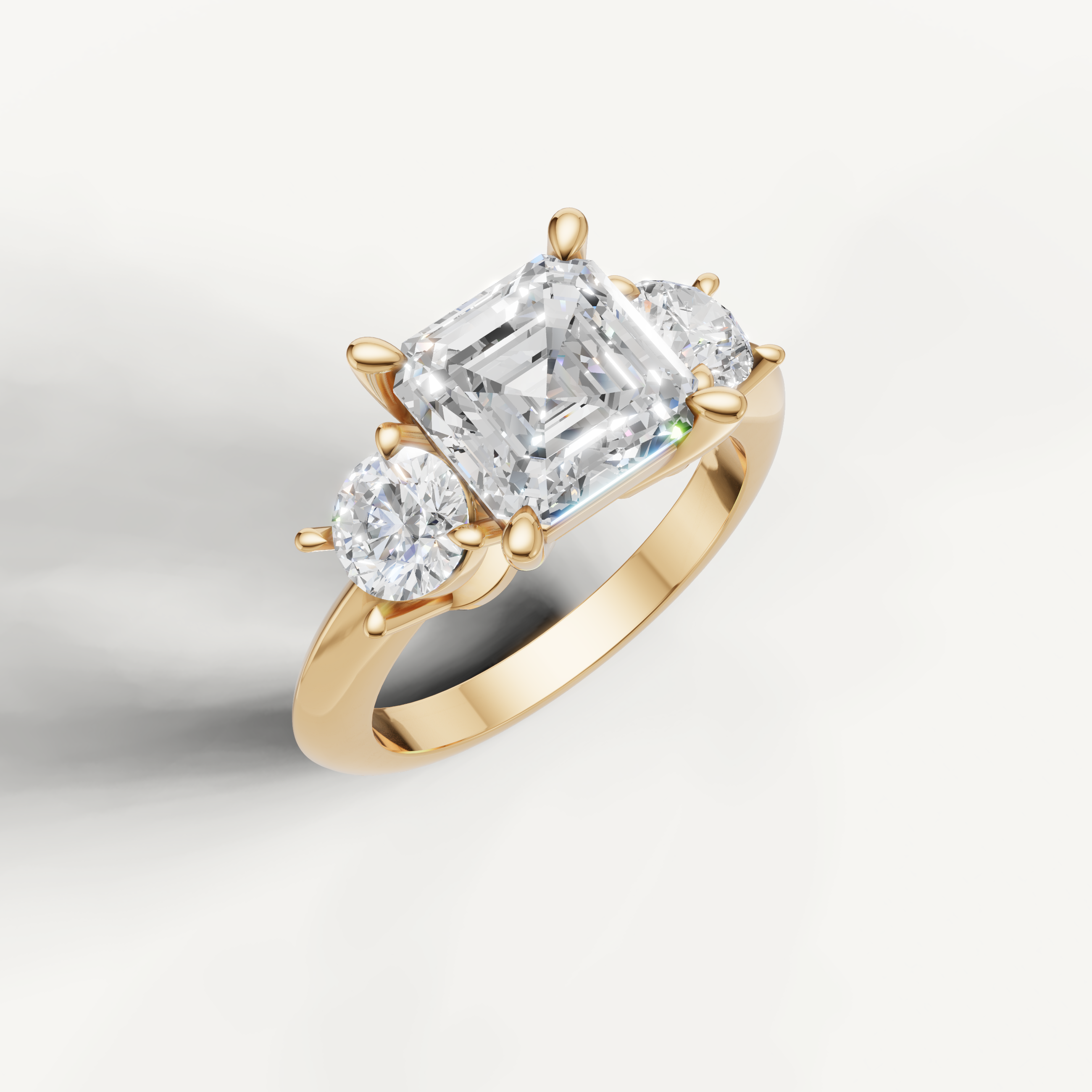 IGI certified asscher lab diamond ring with round side stones yellow gold DEF VVS
