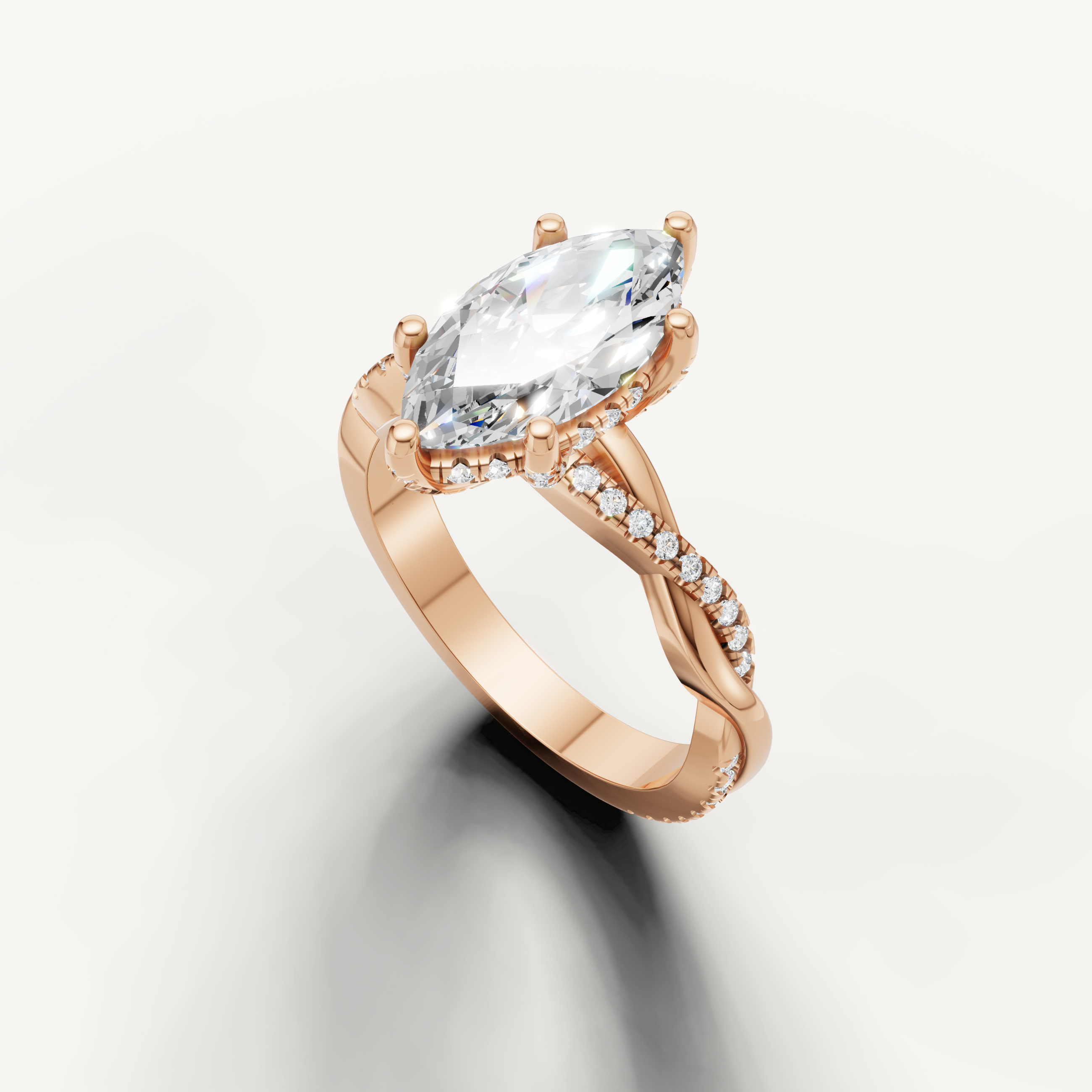14k rose gold marquise cut lab grown diamond ring with elegant bypass shoulders and pavé accents