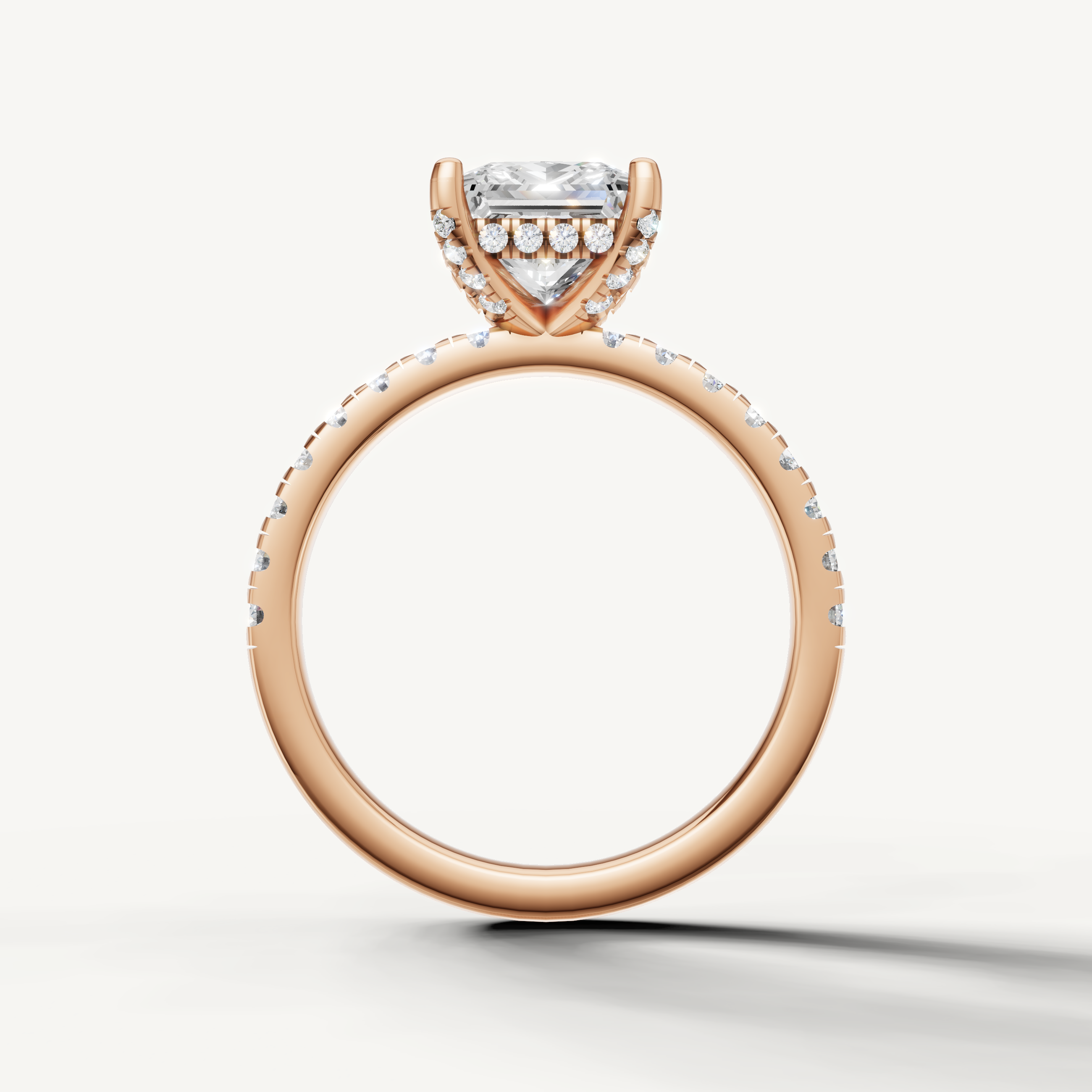 princess cut lab grown diamond ring with pavé band rose gold