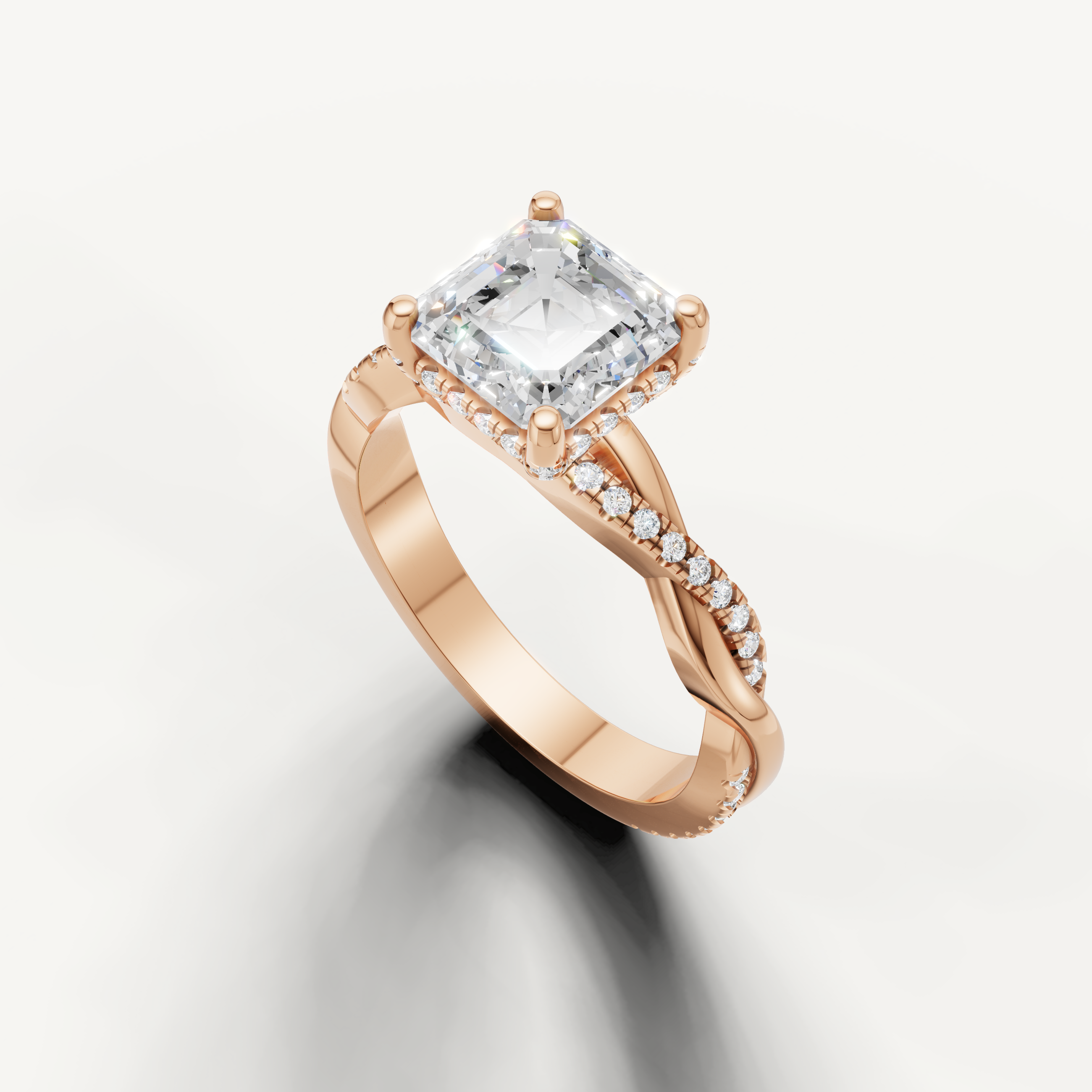 14k rose gold asscher cut lab grown diamond ring featuring crossover shoulders and hidden halo brilliance