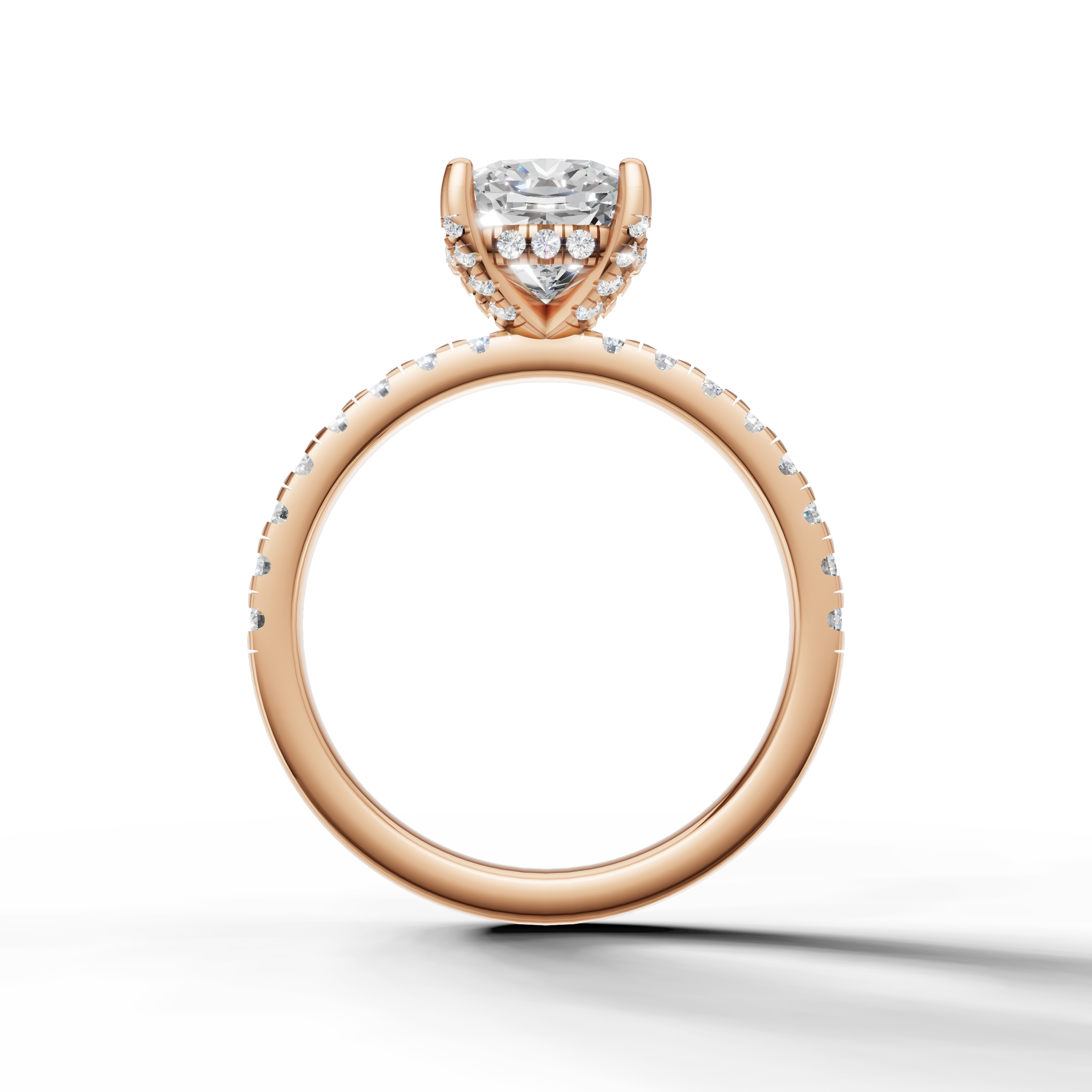 Cushion shape lab grown diamond ring with half pavé band rose gold
