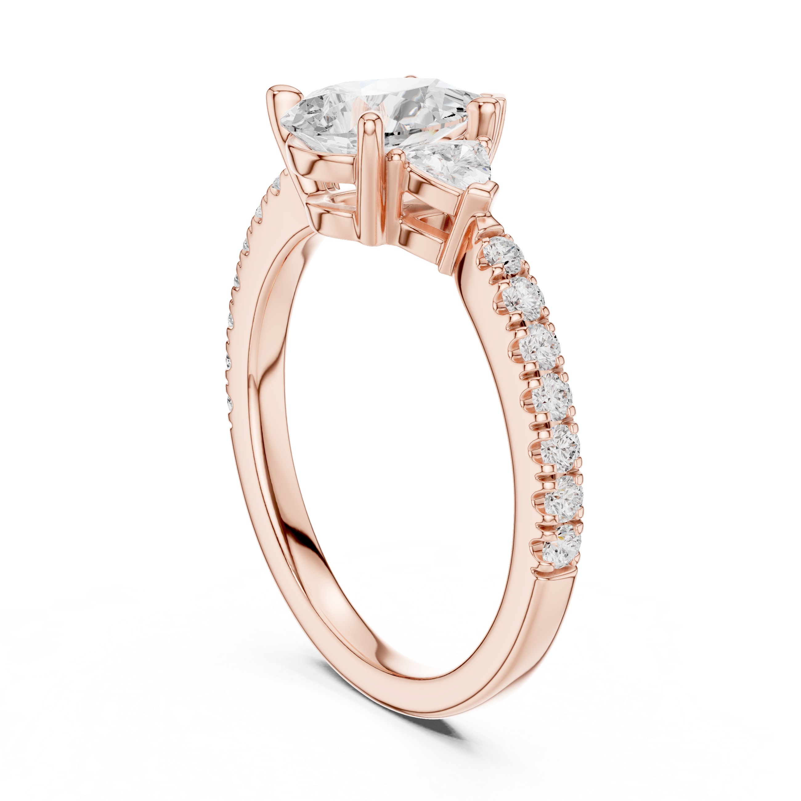 Pear cut lab diamond ring pavé band three-stone style