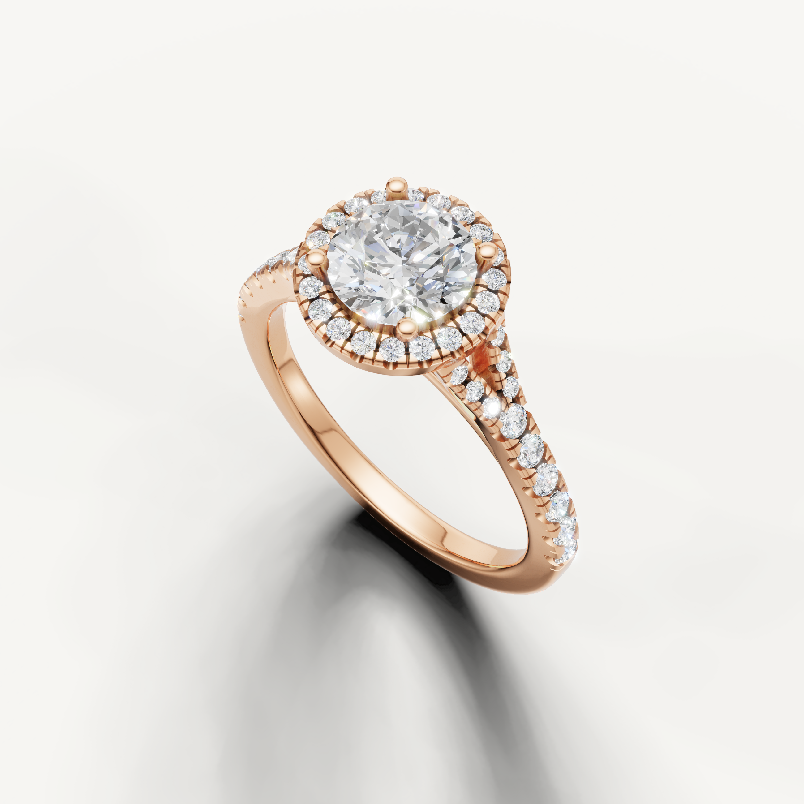 Vintage style round diamond halo ring with pavé band rose gold