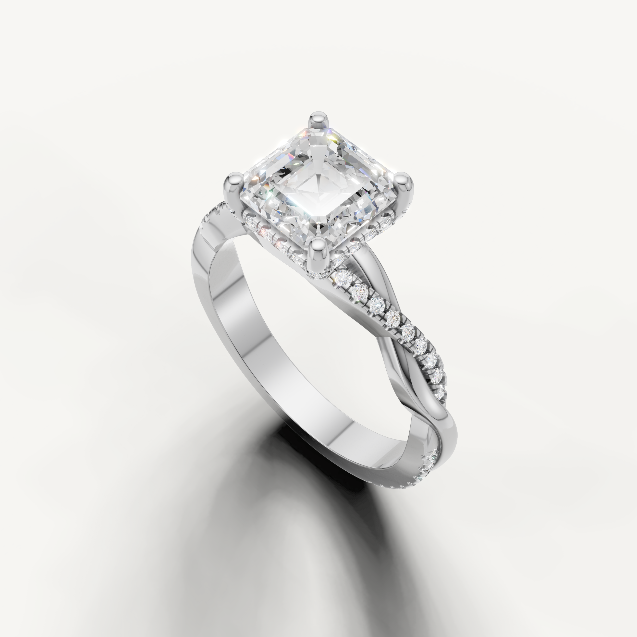 14k white gold asscher cut lab grown diamond ring featuring a modern crossover pavé diamond setting