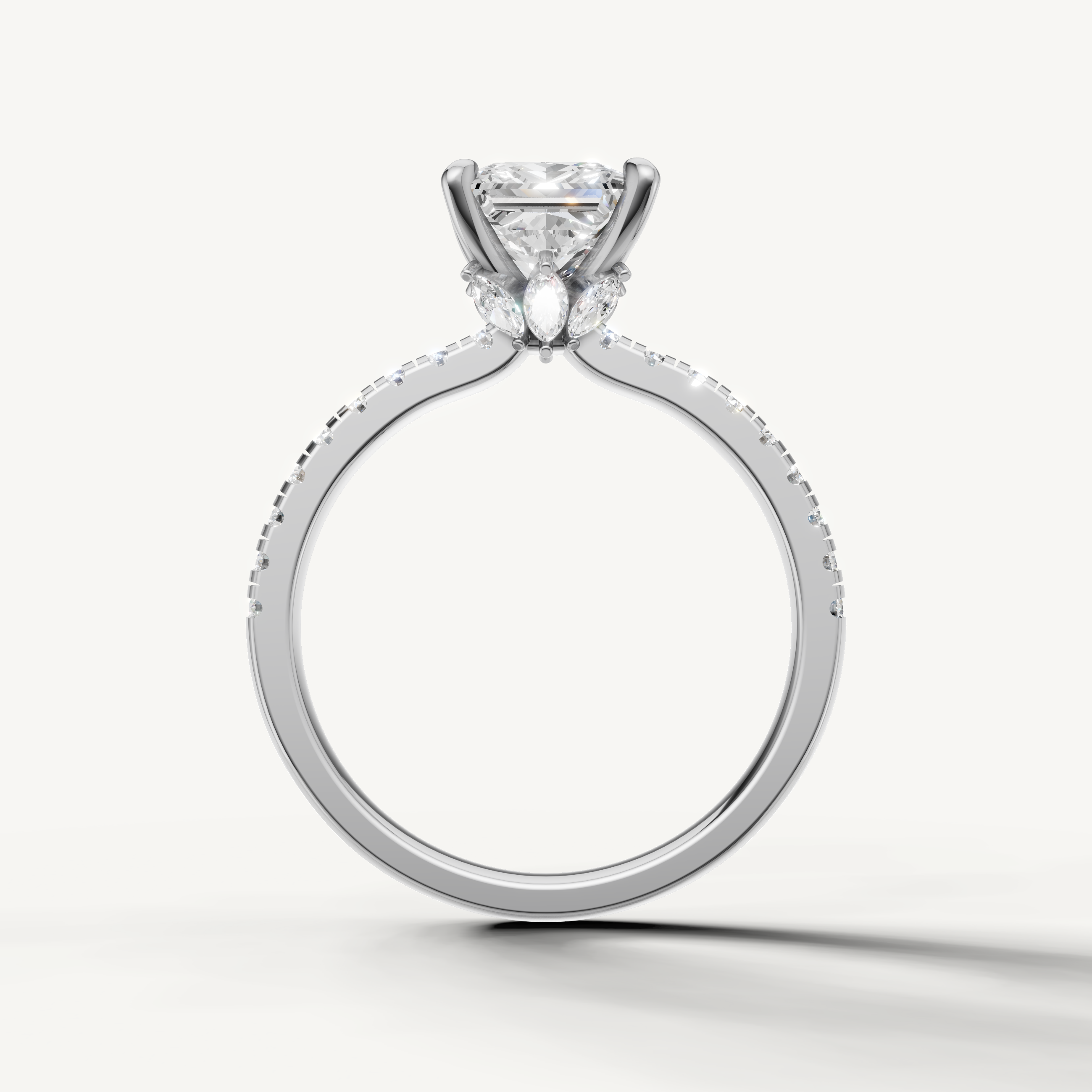 Modern white gold princess cut diamond bridal ring with a pavé-set band, offering a sleek and sophisticated sparkle