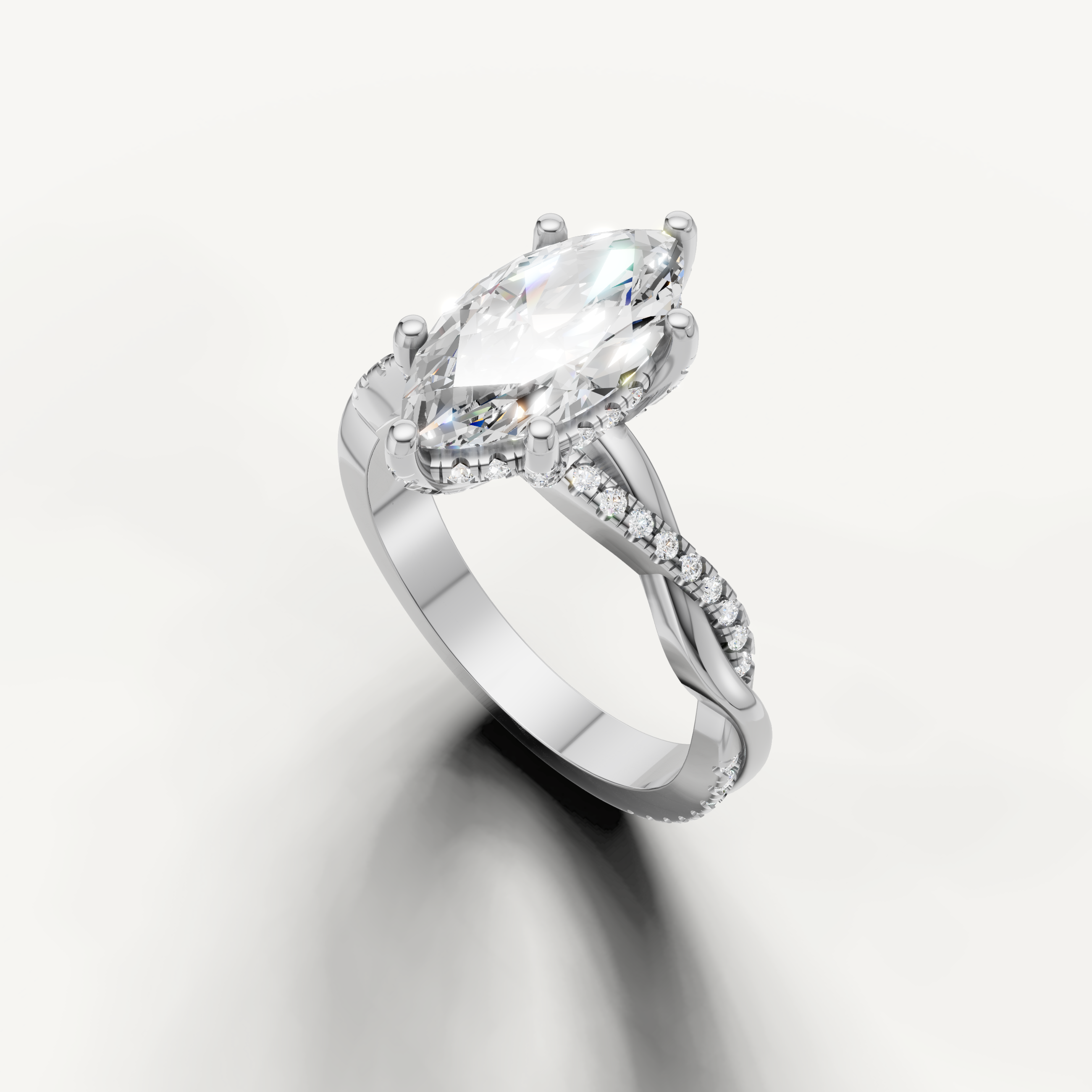 14k white gold marquise cut lab grown diamond ring featuring a sleek bypass pavé design