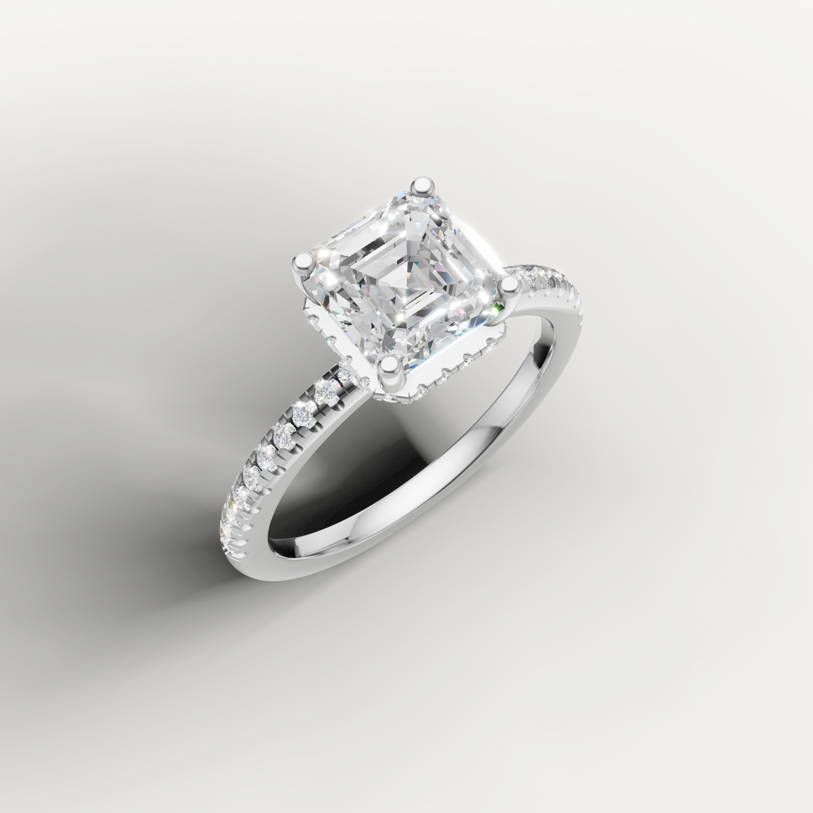 sophisticated asscher cut lab grown diamond ring with pavé white gold band