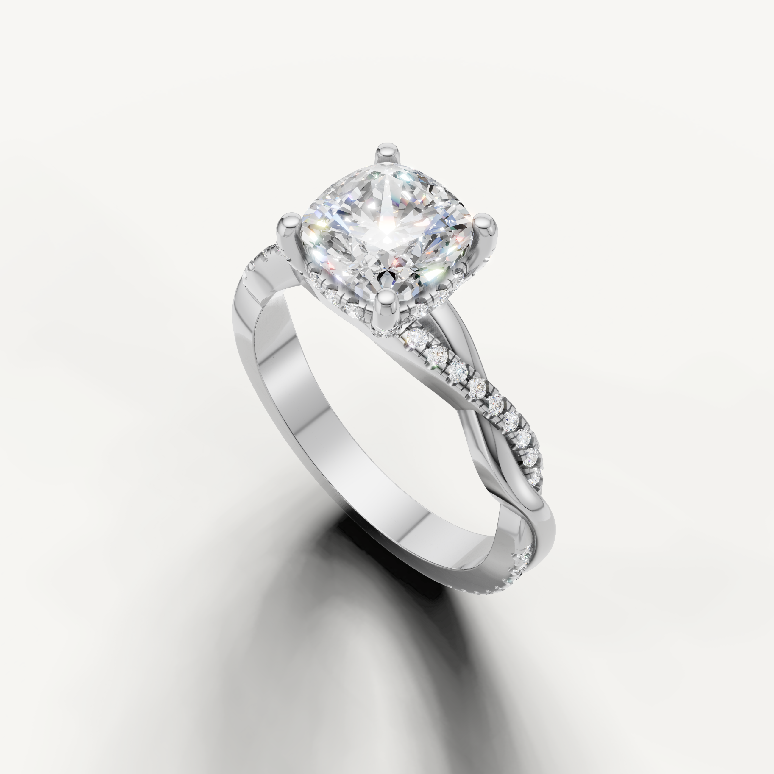 14k white gold cushion cut lab grown diamond ring featuring a modern crossover pavé setting