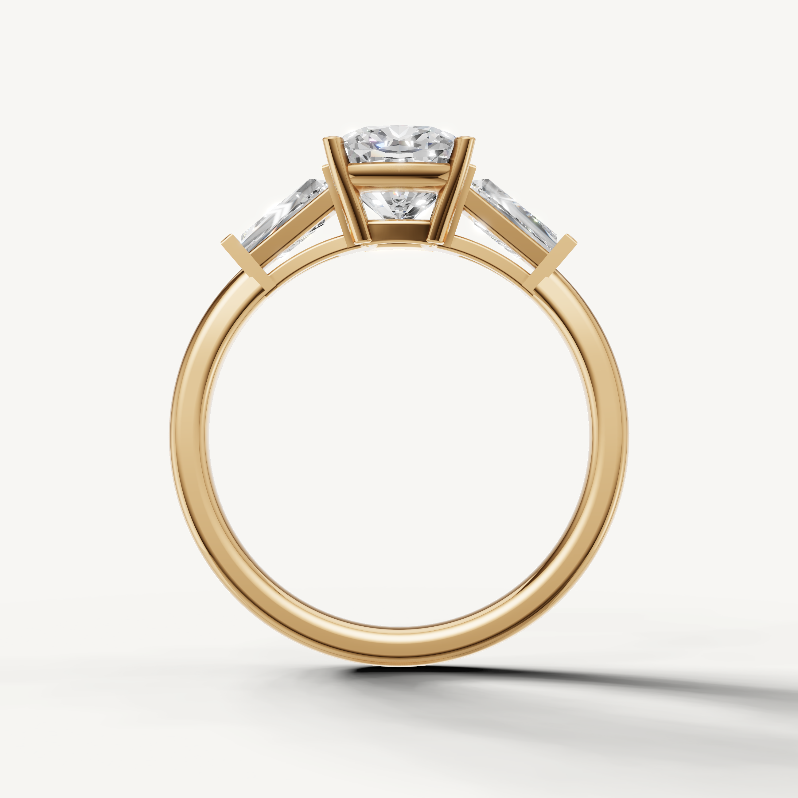 Cushion shape lab grown diamond engagement ring with baguette side diamonds yellow gold luxury