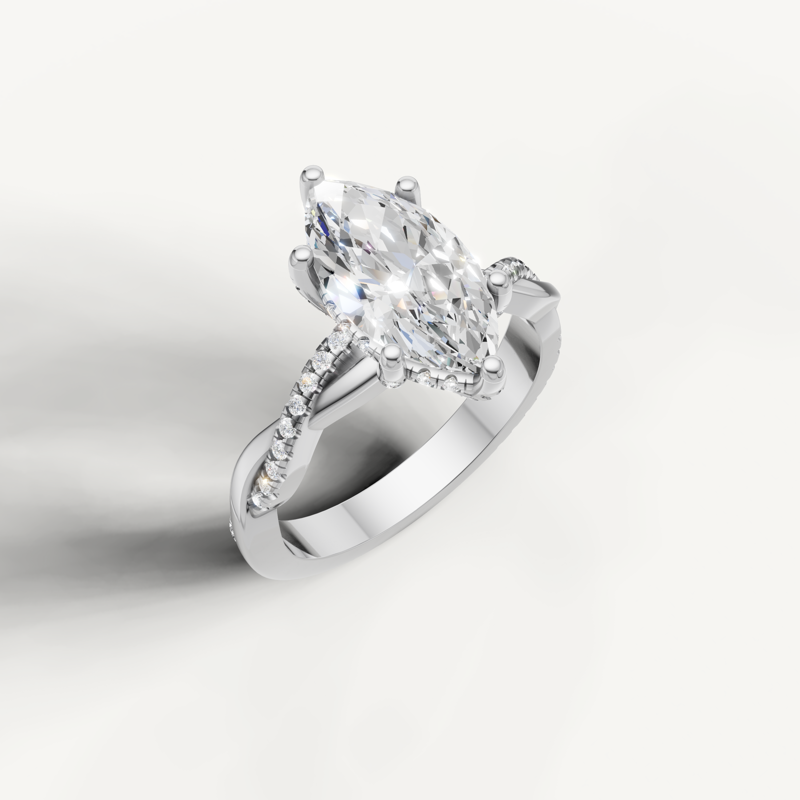 timeless marquise lab grown diamond engagement ring in 14k white gold with twisted pavé crossover band