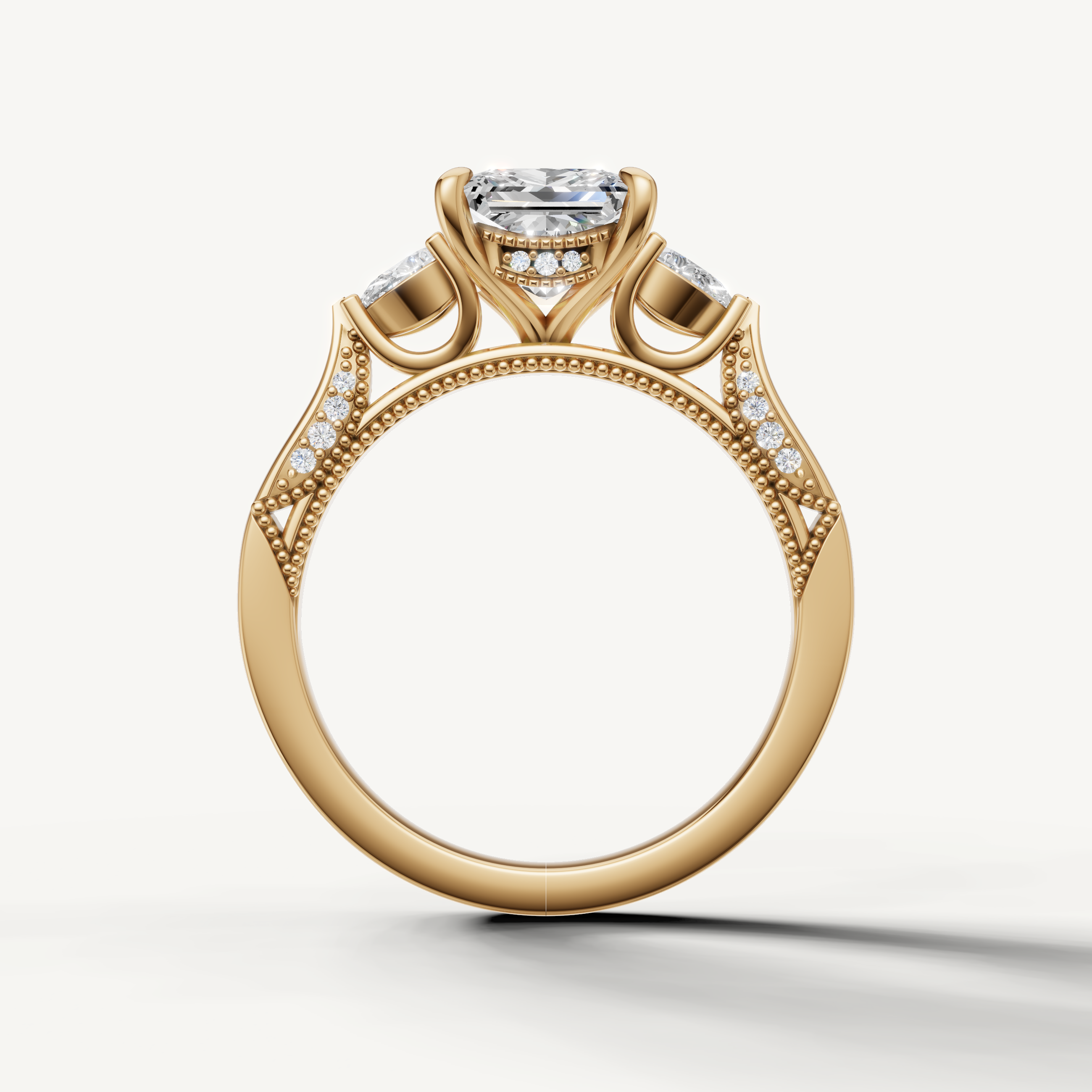 Princess shape lab grown diamond engagement ring with pear side diamonds yellow gold luxury