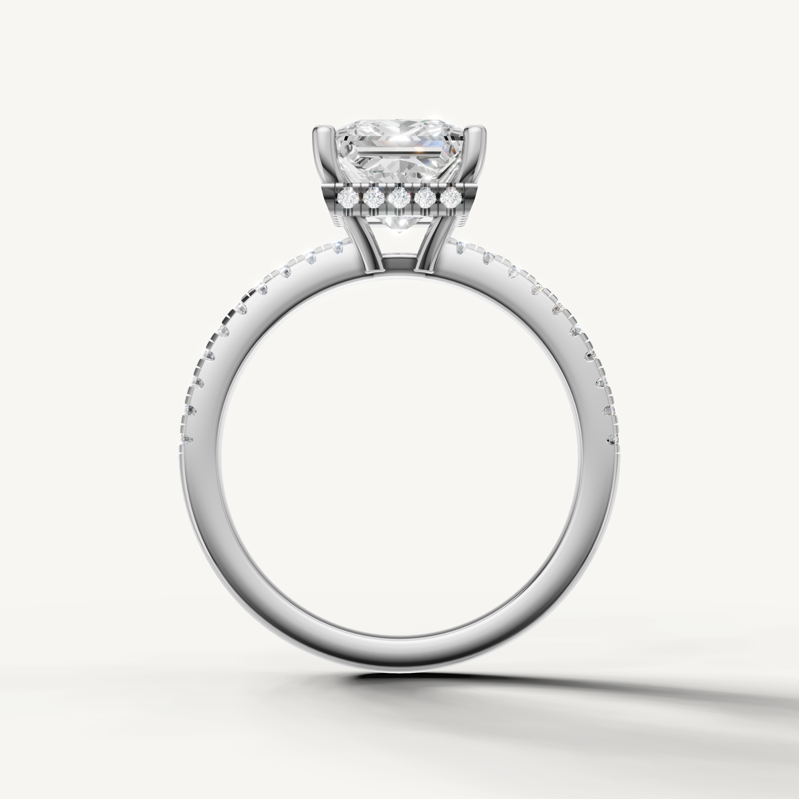 modern princess cut lab grown diamond ring with micro pavé setting in white gold