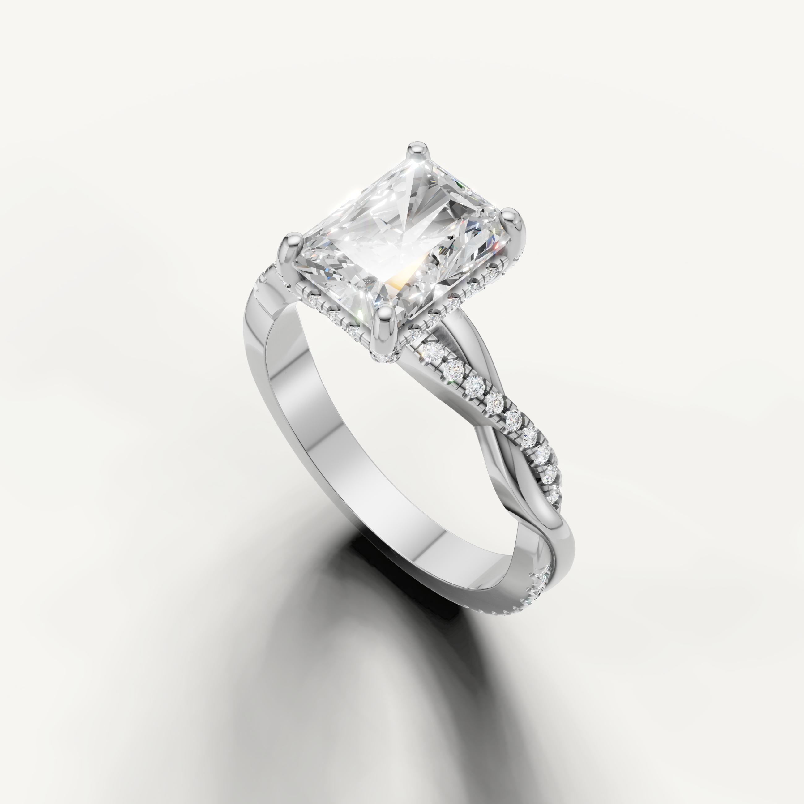 14k white gold radiant cut lab grown diamond ring featuring a sleek crossover pavé setting