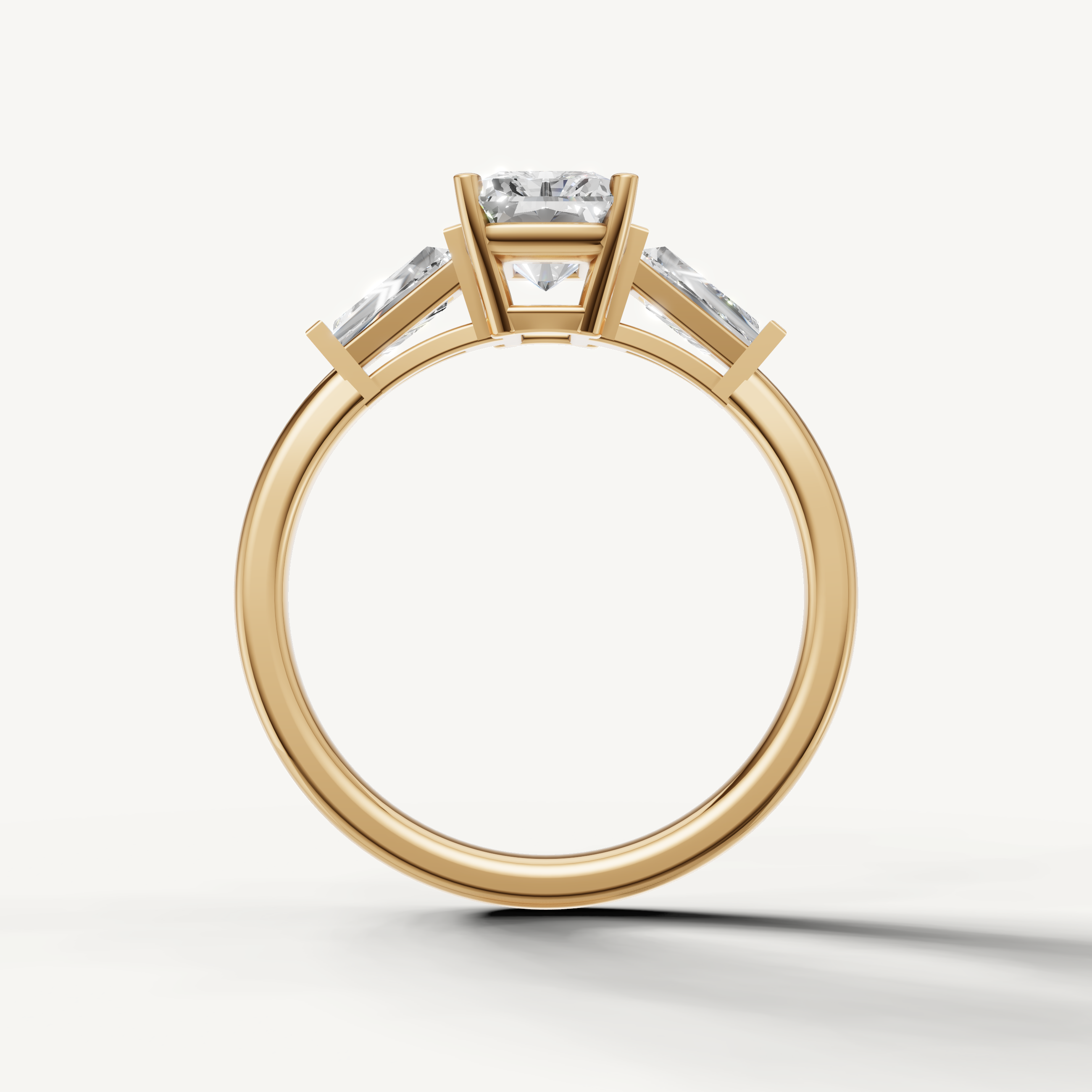 Radiant shape lab grown diamond engagement ring with baguette side diamonds yellow gold luxury