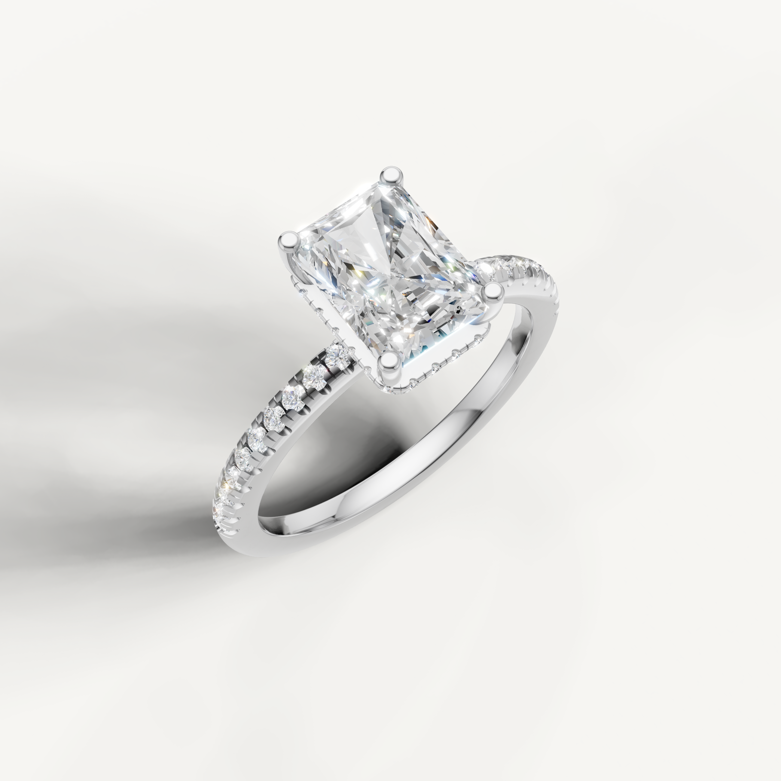 IGI certified radiant cut lab diamond solitaire ring with delicate pavé shank white gold