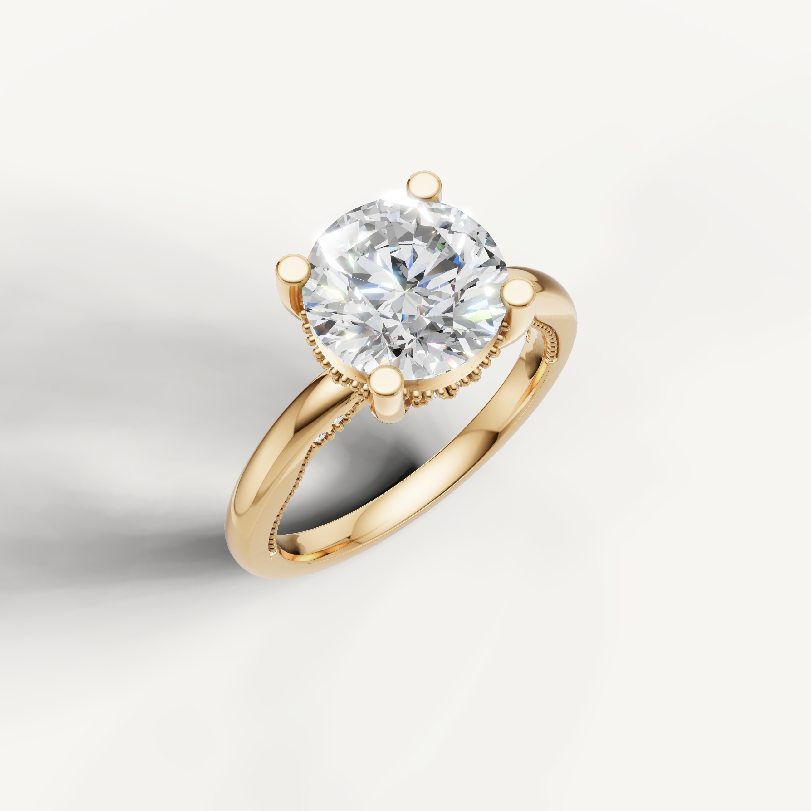 A warm yellow gold band showcasing a sparkling round-cut diamond, designed to maximize light reflection and timeless appeal.