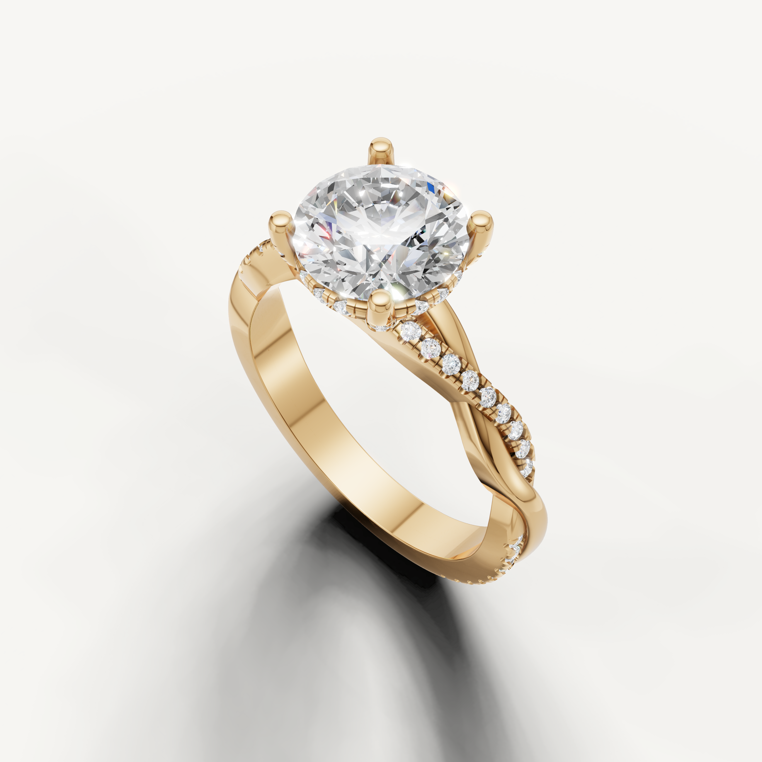 elegant 14k yellow gold round lab grown diamond ring with modern crossover pavé detailing