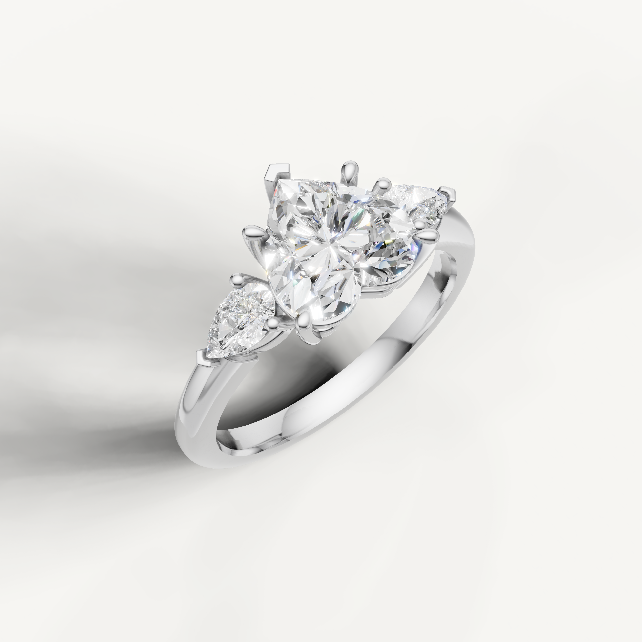 IGI certified heart shape lab diamond three stone ring with pear sides 14k white gold