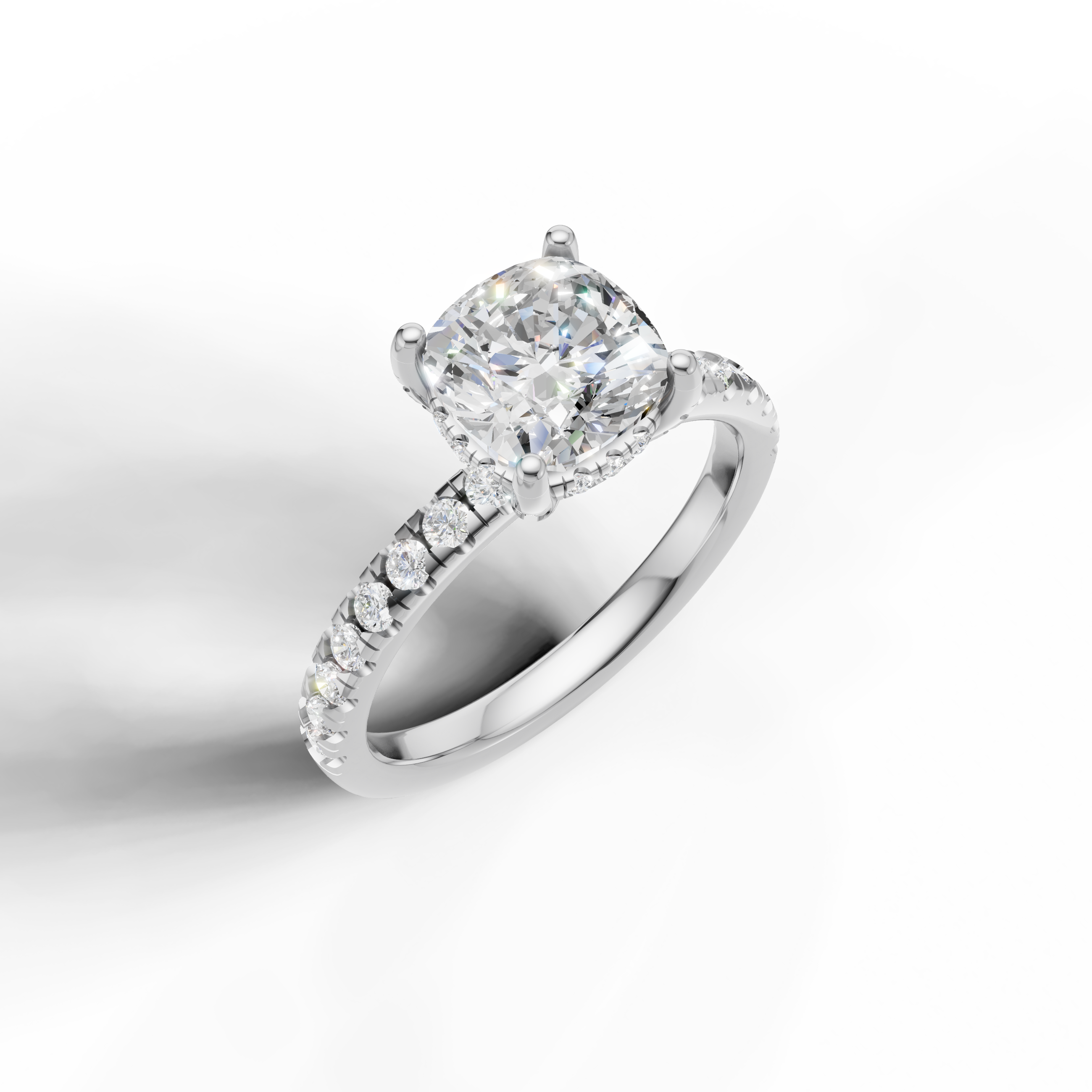 IGI certified cushion lab diamond ring micro pavé band white gold front view