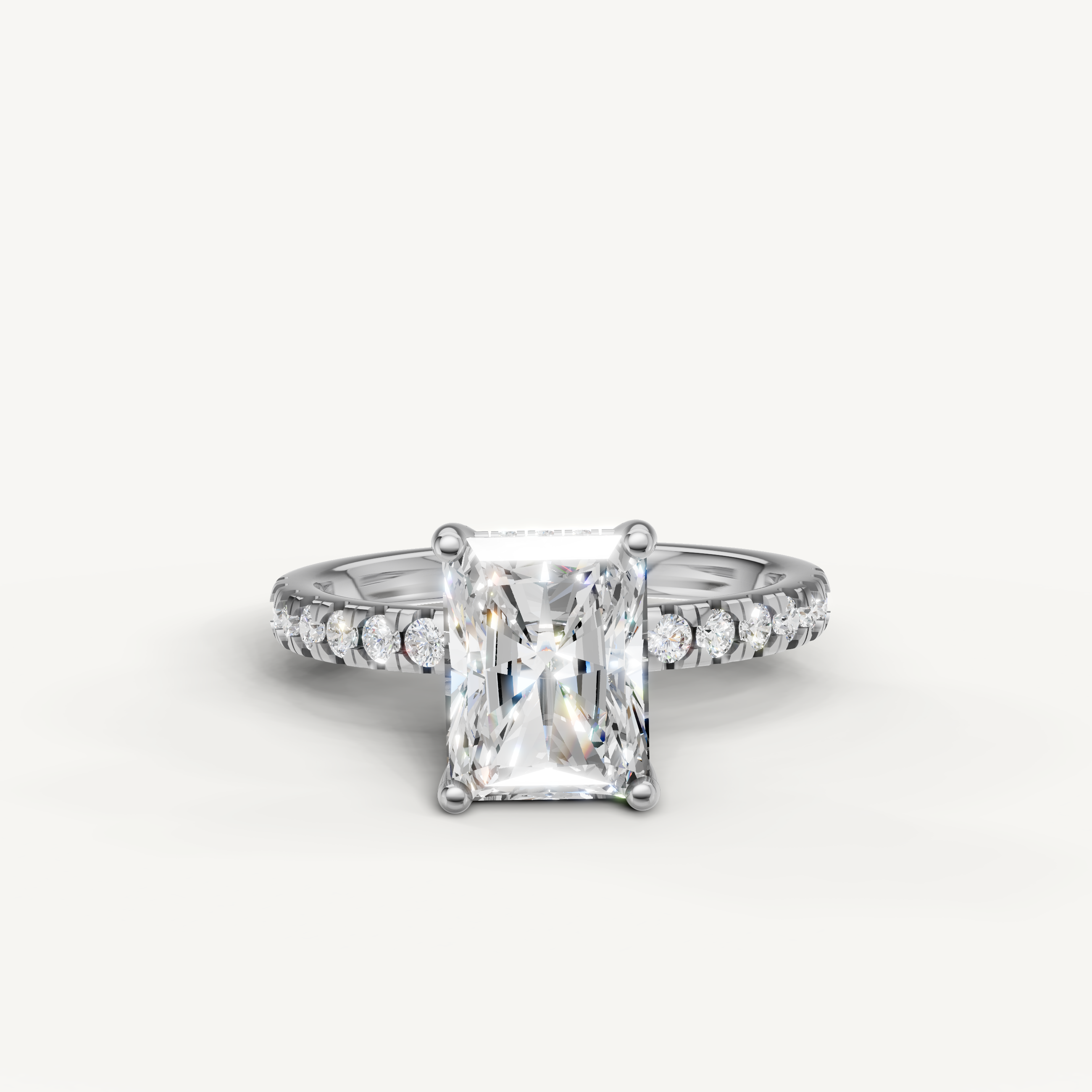Radiant cut lab grown diamond engagement ring with pavé band white gold 4 prong setting