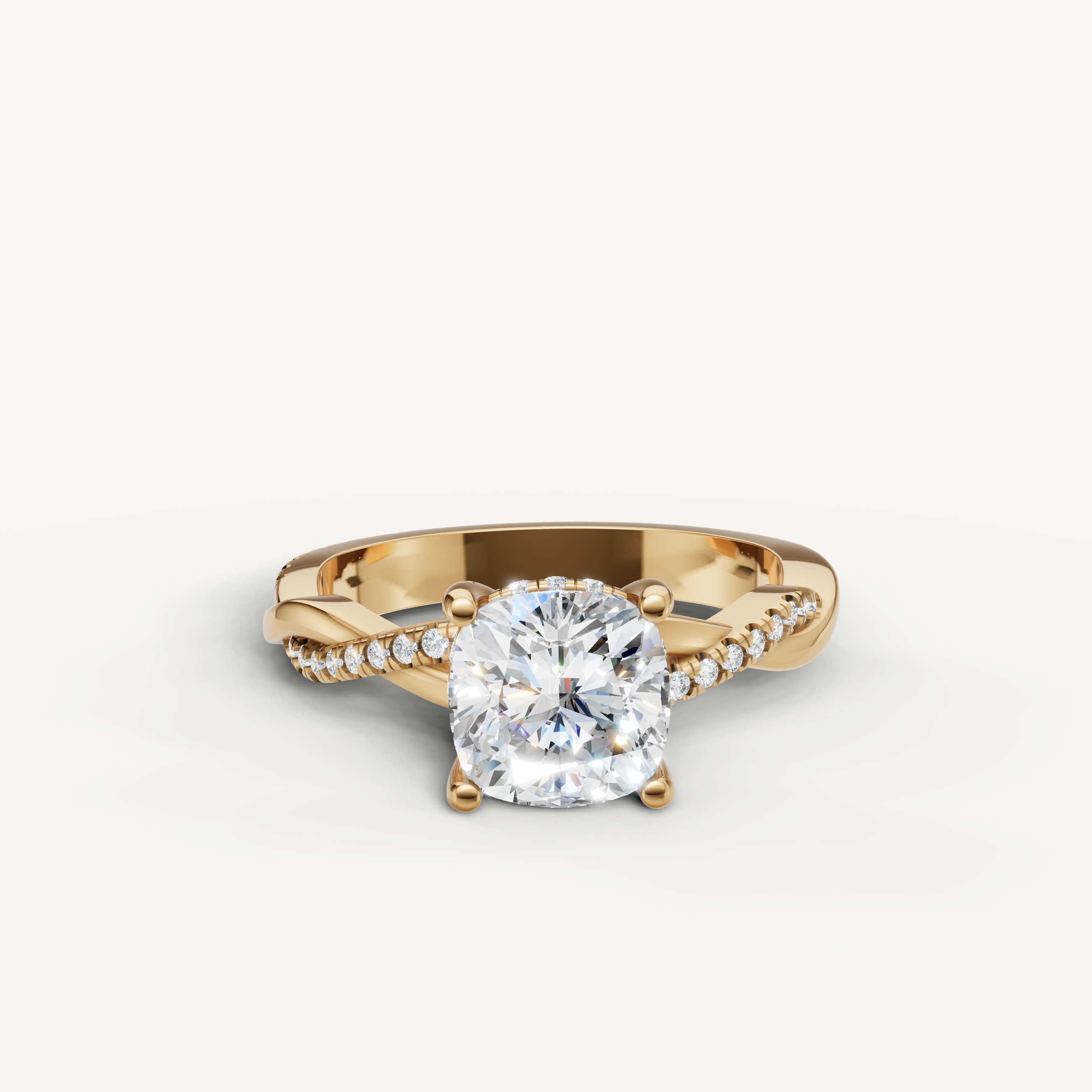 cushion cut lab grown diamond bypass engagement ring in 14k yellow gold with pavé diamond split shank