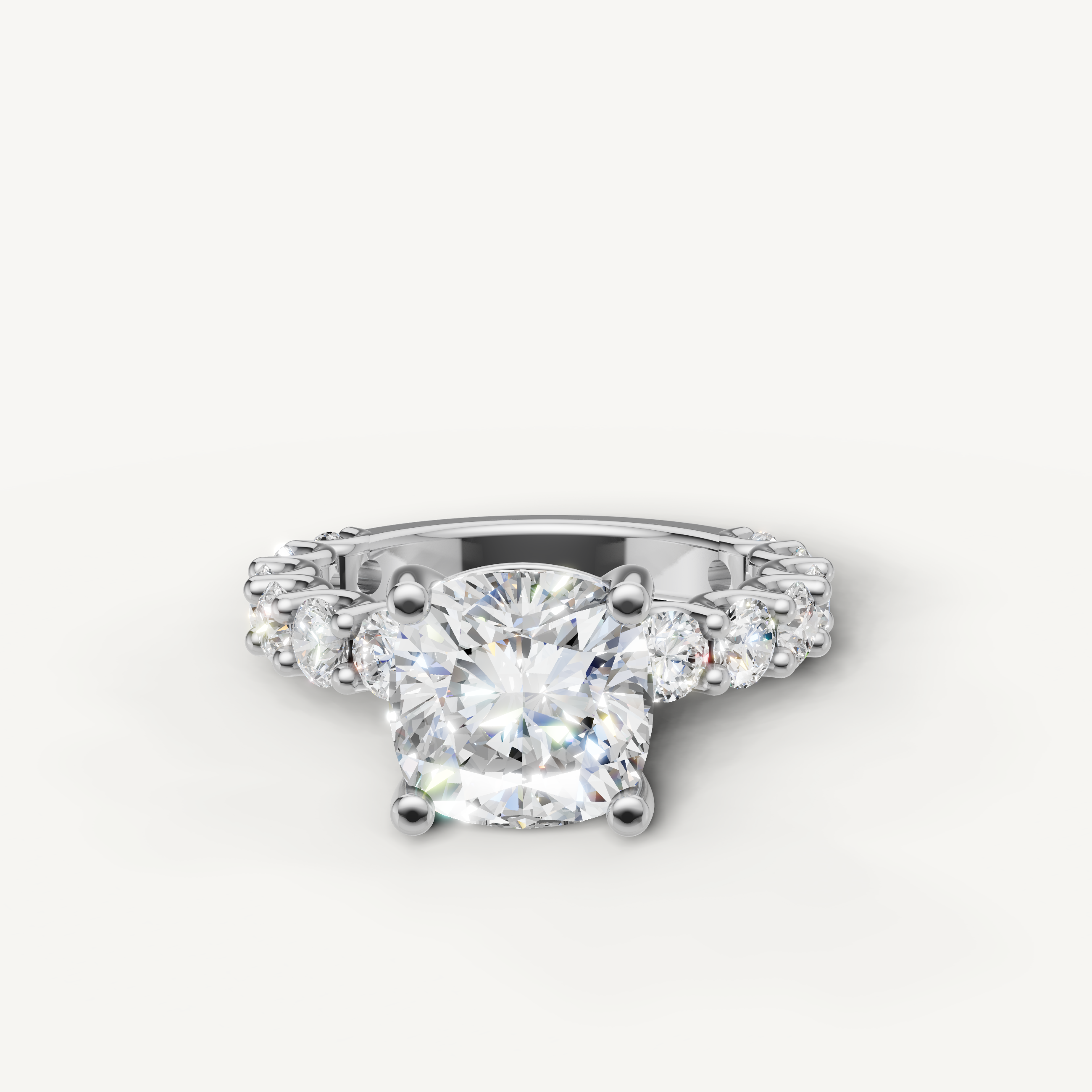 Cushion cut lab grown diamond engagement ring with shared prong band in 14K white gold