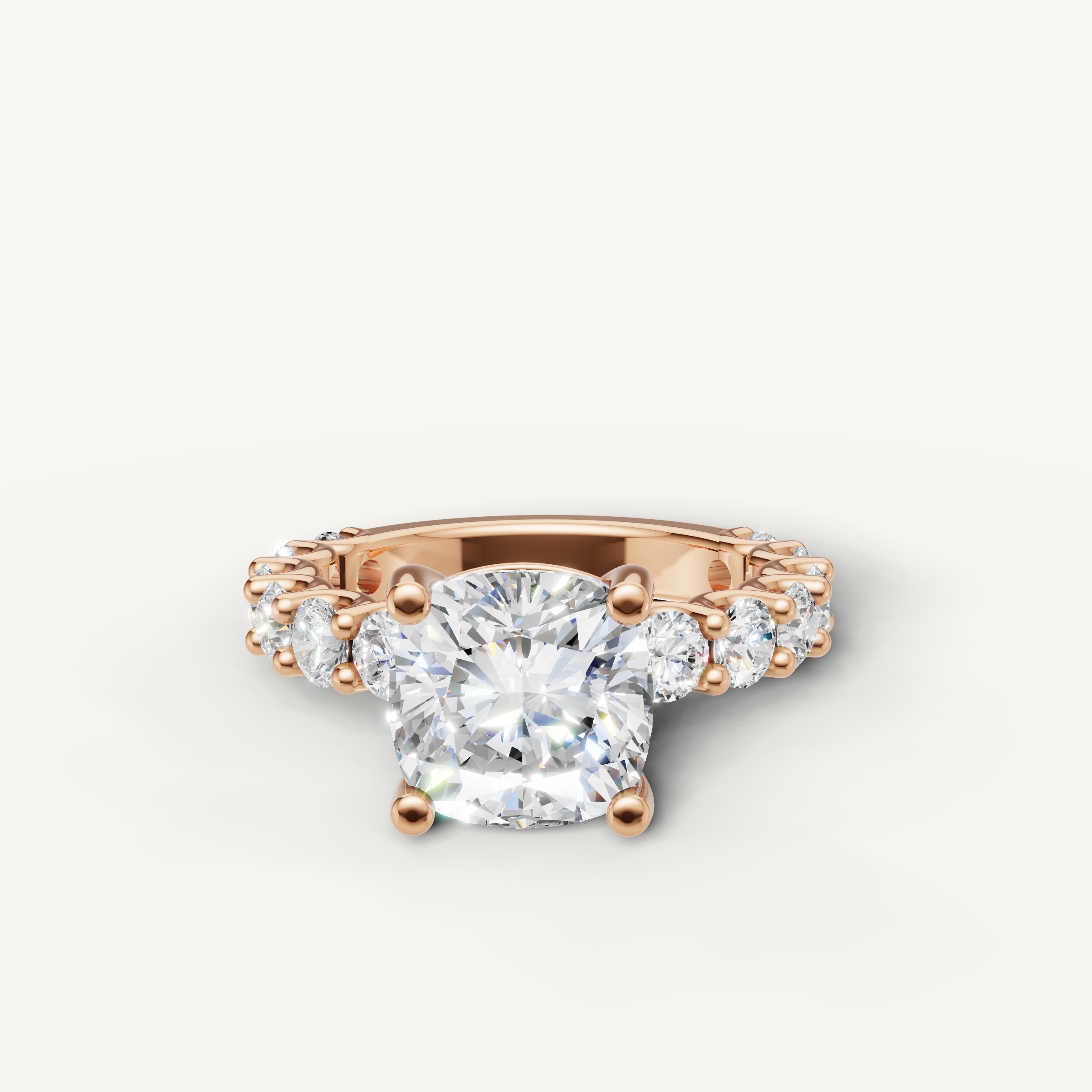 Cushion cut lab grown diamond engagement ring with shared prong band in 14K rose gold
