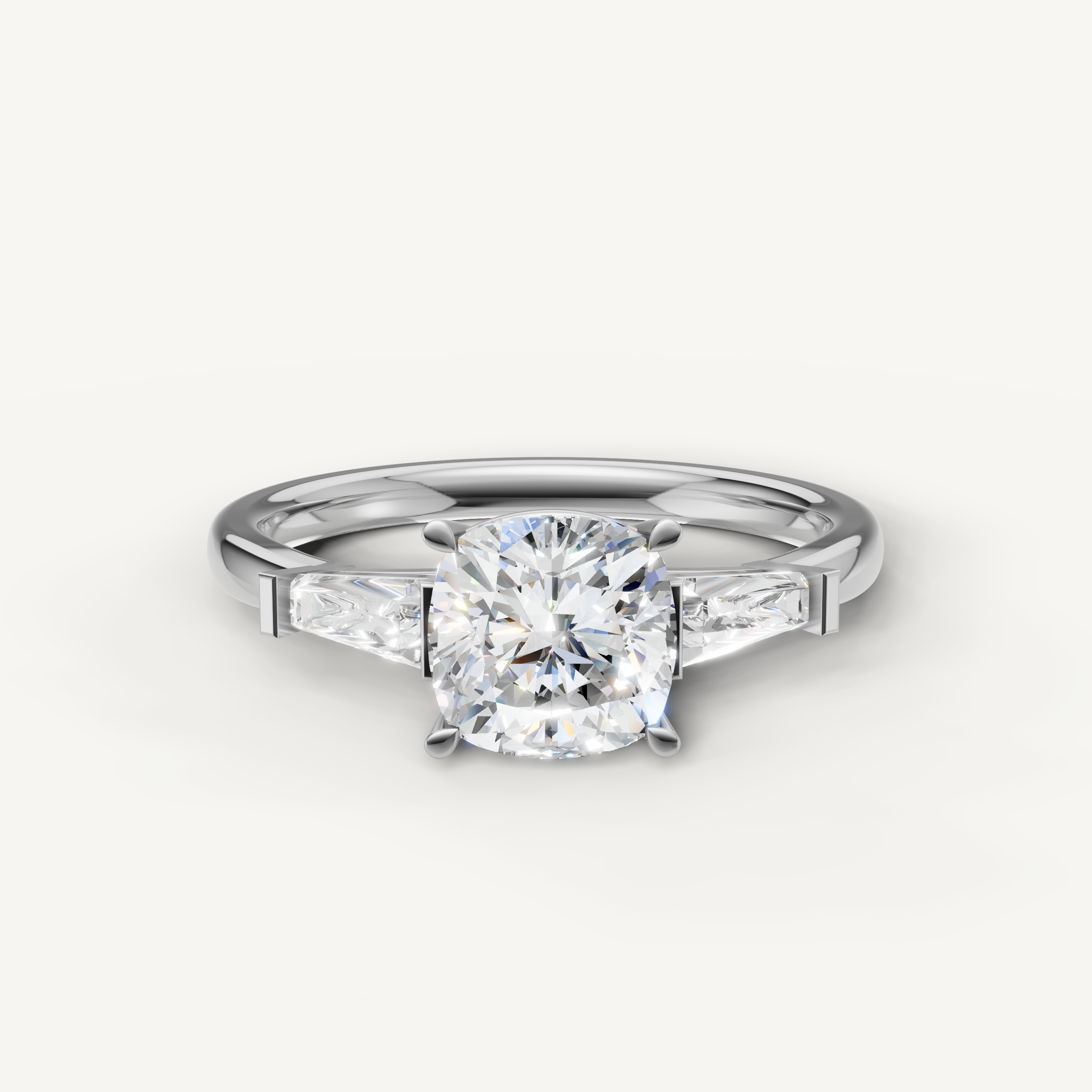 Cushion cut lab grown diamond ring with tapered baguette side stones white gold engagement ring