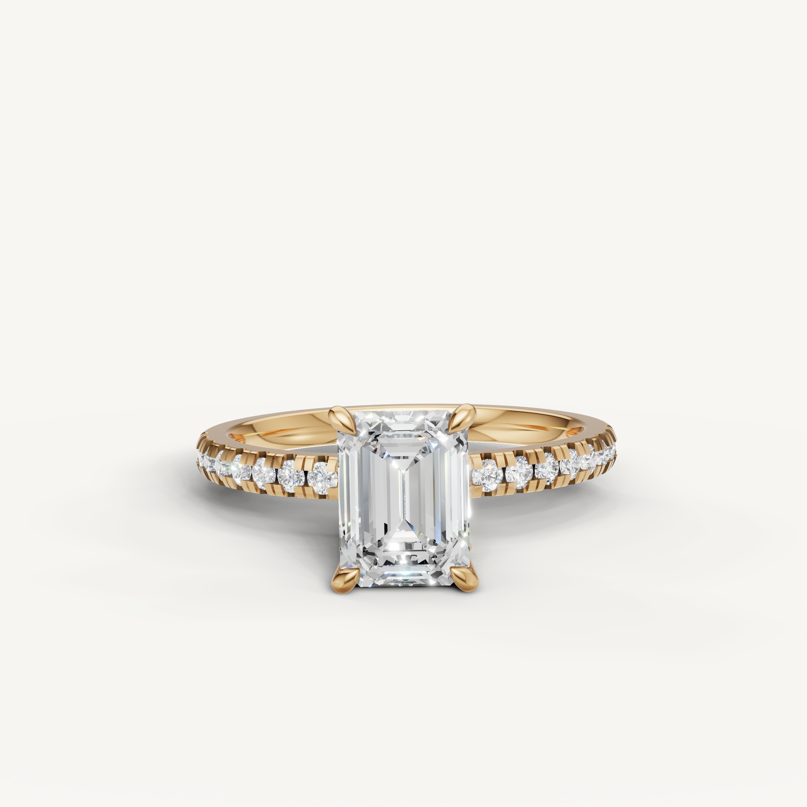 Emerald cut lab grown diamond engagement ring with pavé band yellow gold 4 prong setting