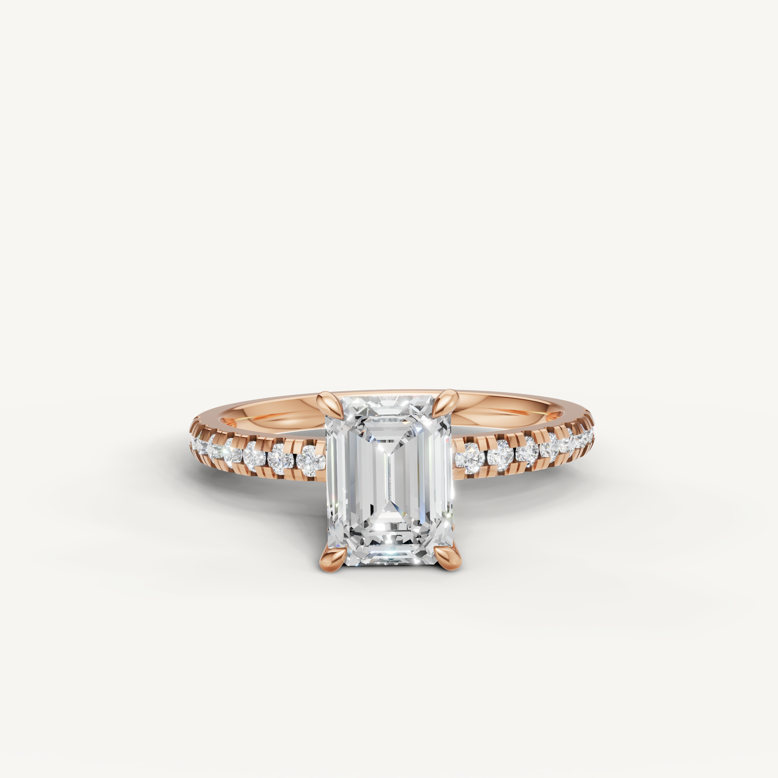 Emerald cut lab grown diamond engagement ring with pavé band rose gold 4 prong setting