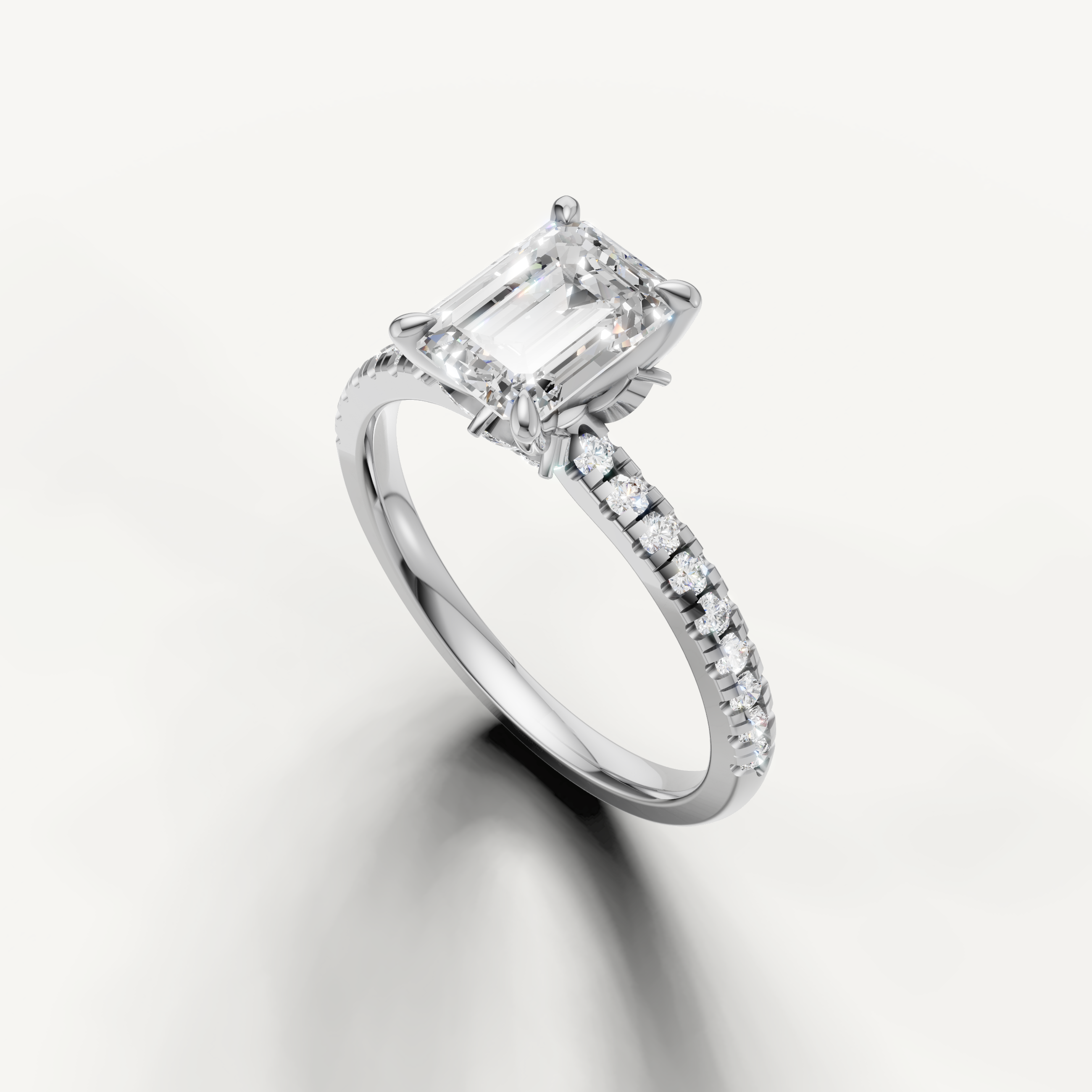 Emerald solitaire diamond ring with pavé band white gold elegant hall of mirrors look