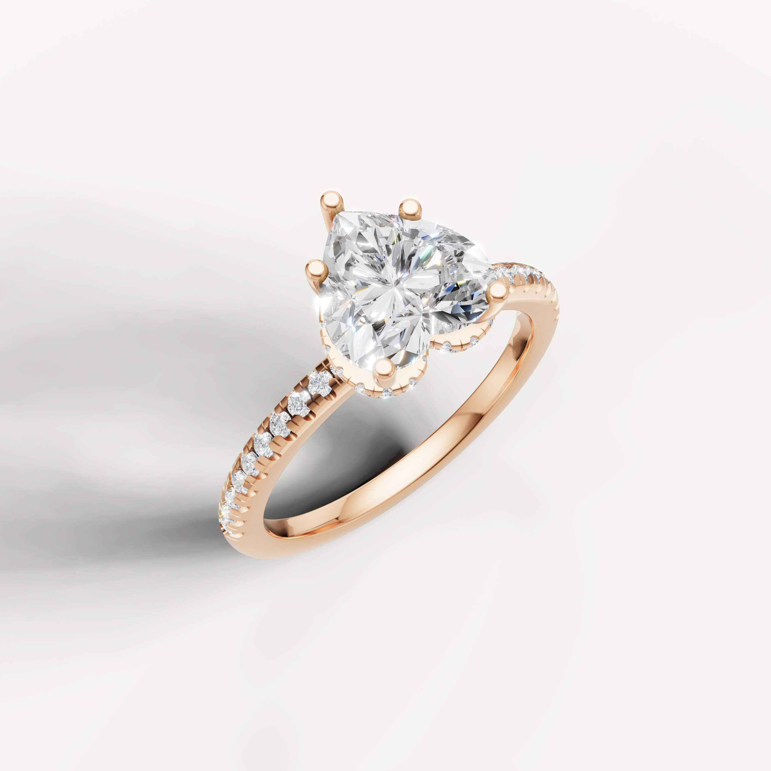 IGI certified heart cut lab diamond solitaire ring with micro pavé shank rose gold