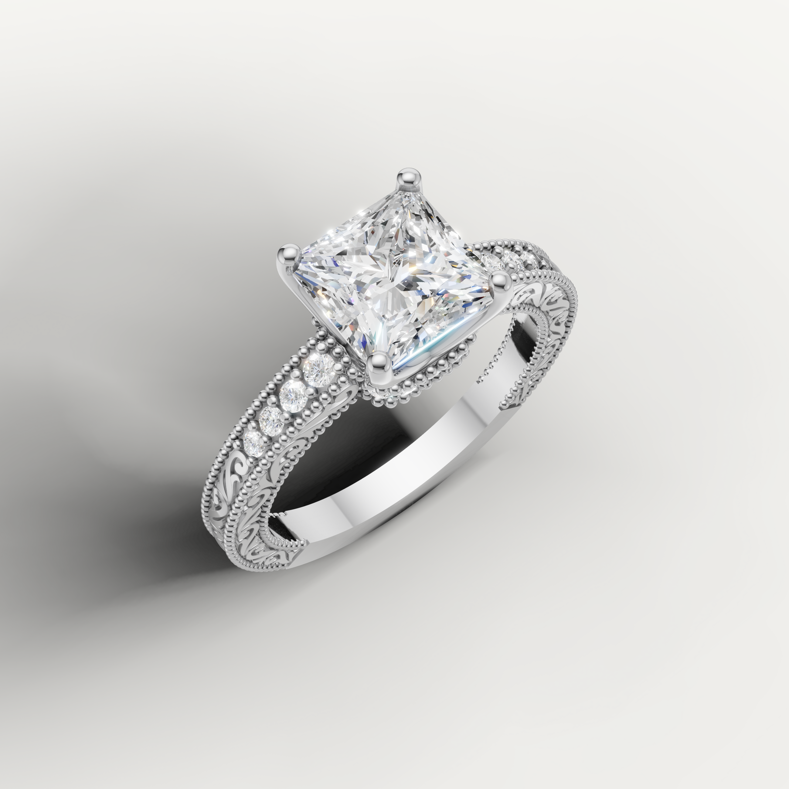 White gold princess cut lab grown diamond ring featuring antique-style scrollwork and milgrain craftsmanship by Raul Diamonds.