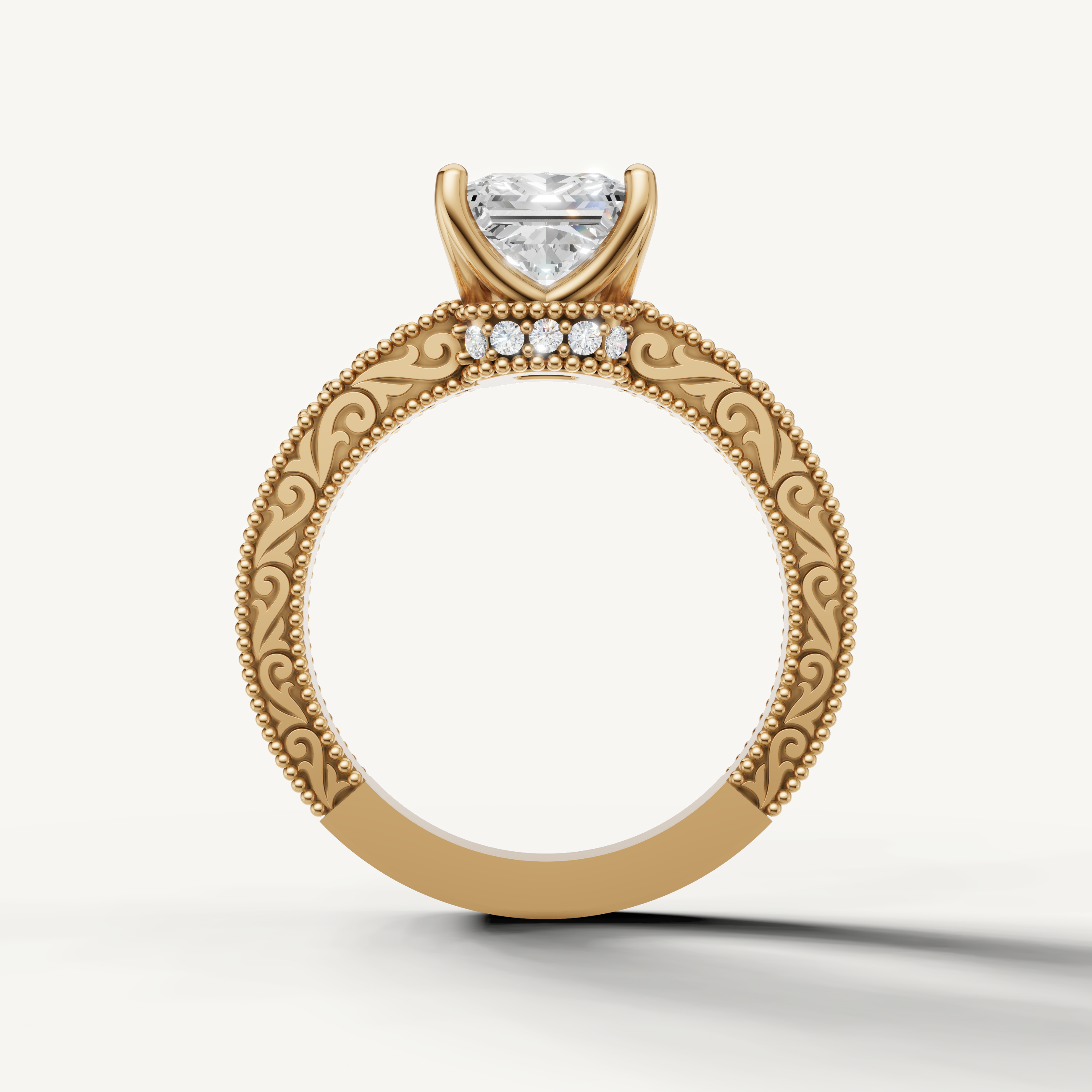 Antique-inspired princess cut lab grown diamond engagement ring in 14K yellow gold with ornate floral filigree by Raul Diamonds.