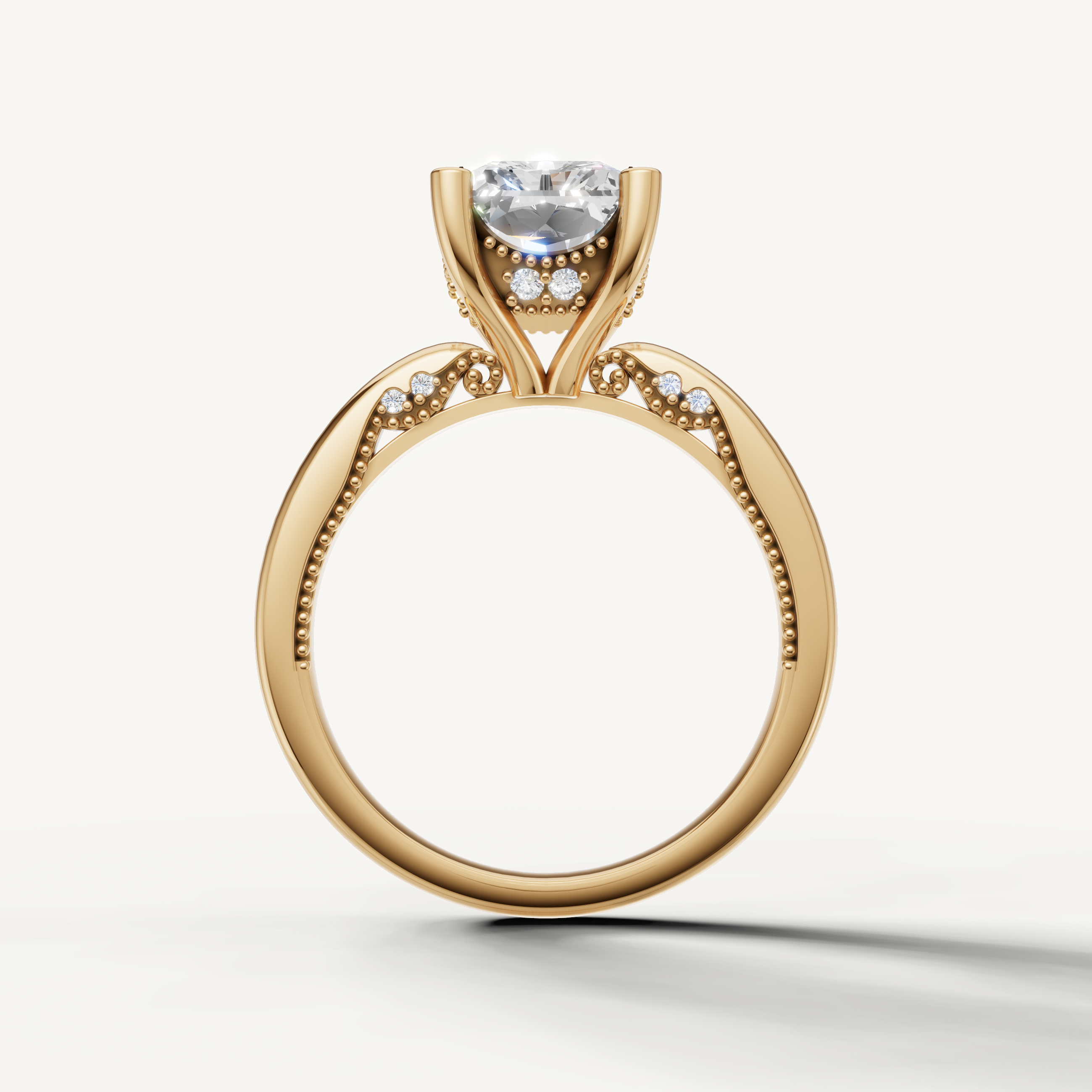 A sleek, contemporary yellow gold solitaire ring that focuses attention on the radiant, multi-faceted oval-cut diamond.