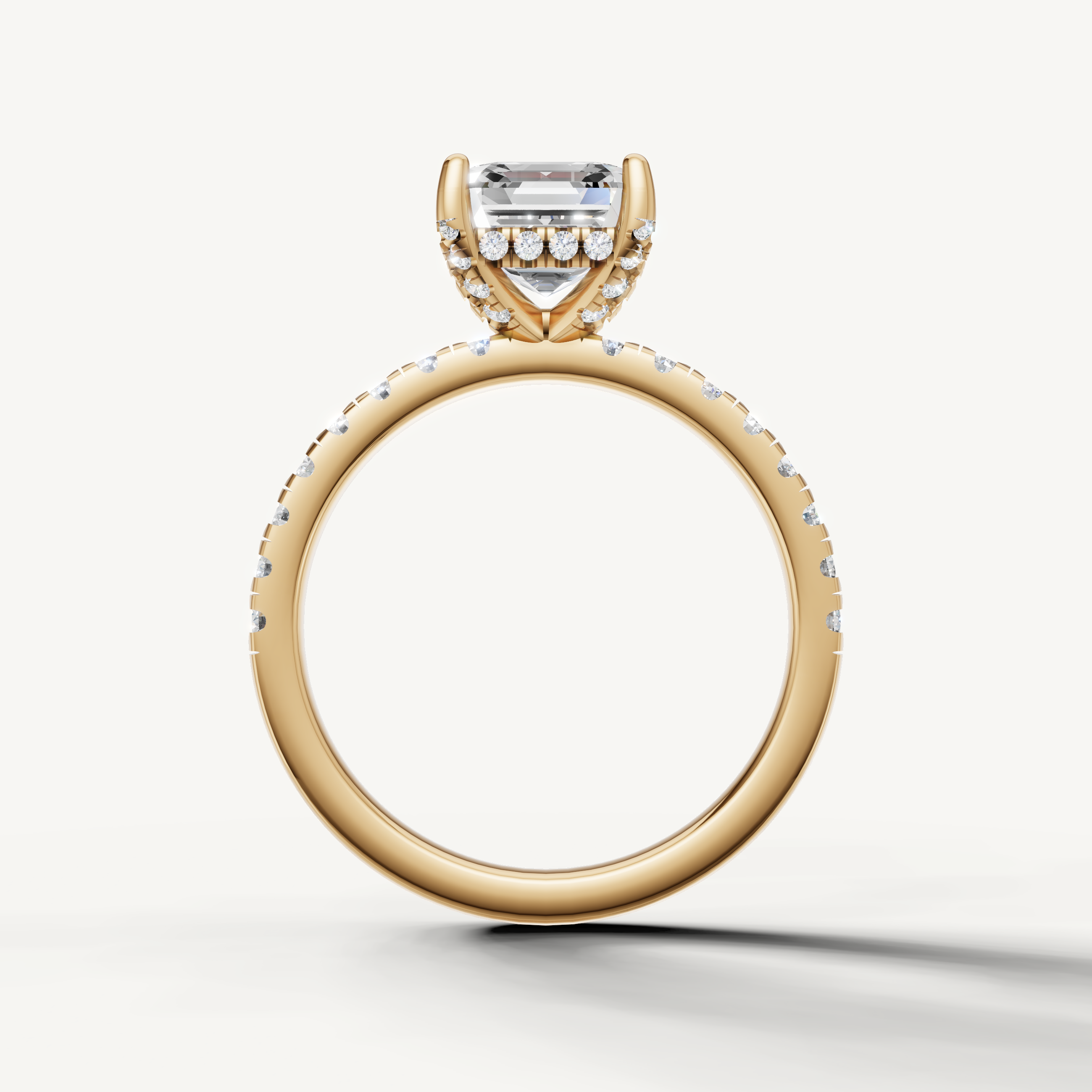 Minimalist asscher lab grown diamond ring with half pavé band yellow gold