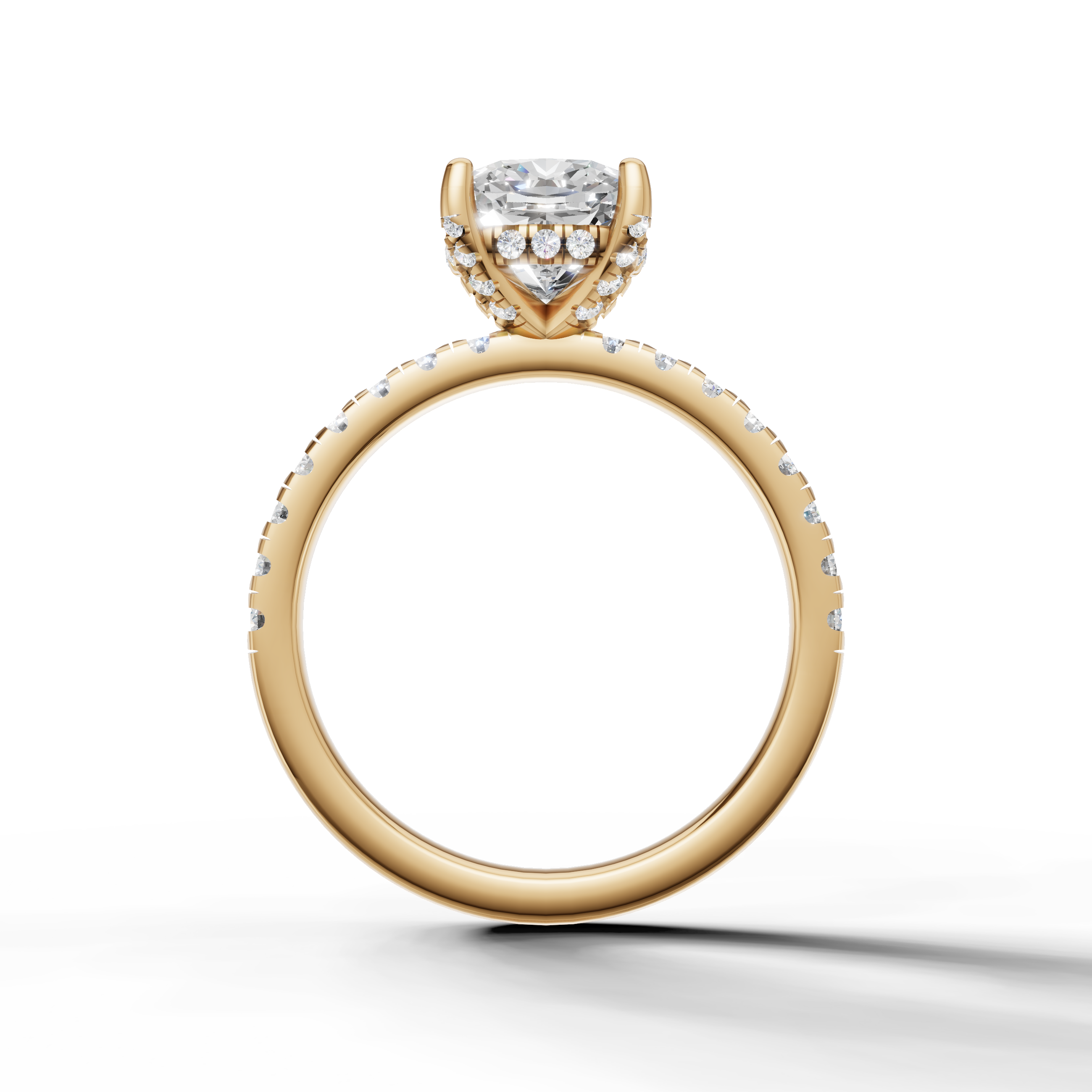 Cushion shape lab grown diamond ring with half pavé band yellow gold