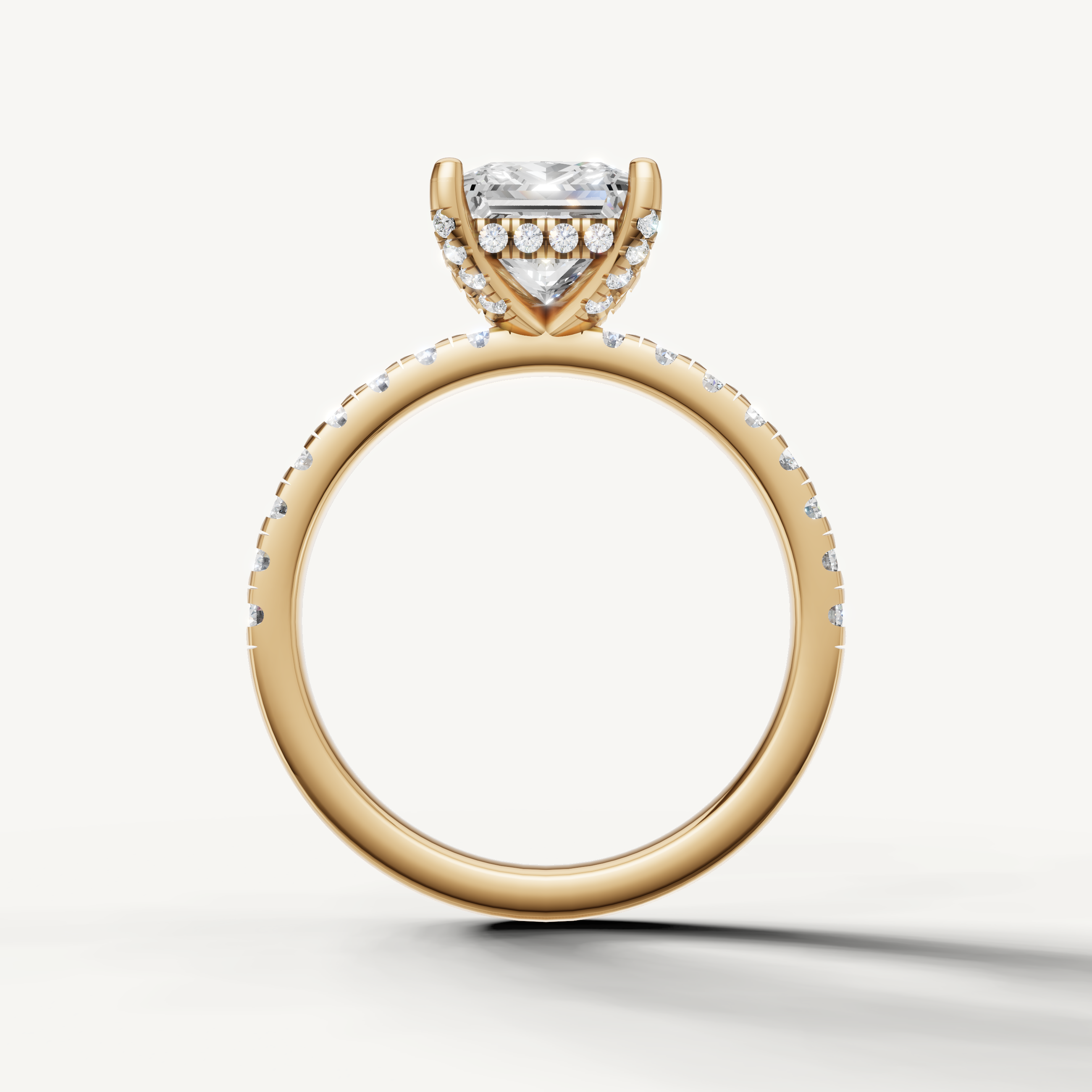 princess cut lab grown diamond ring with pavé band yellow gold