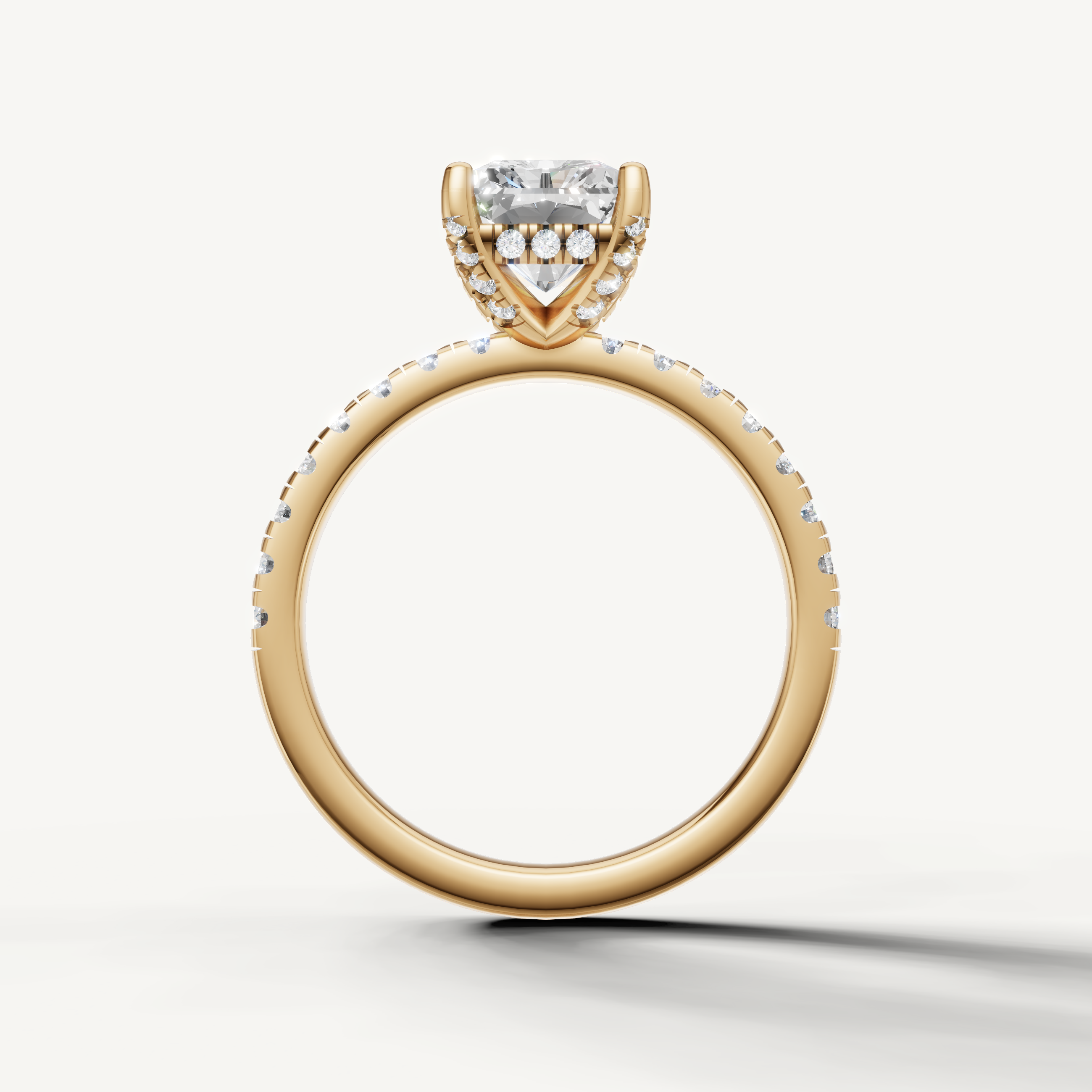 Radiant shape lab grown diamond ring with half pavé band yellow gold