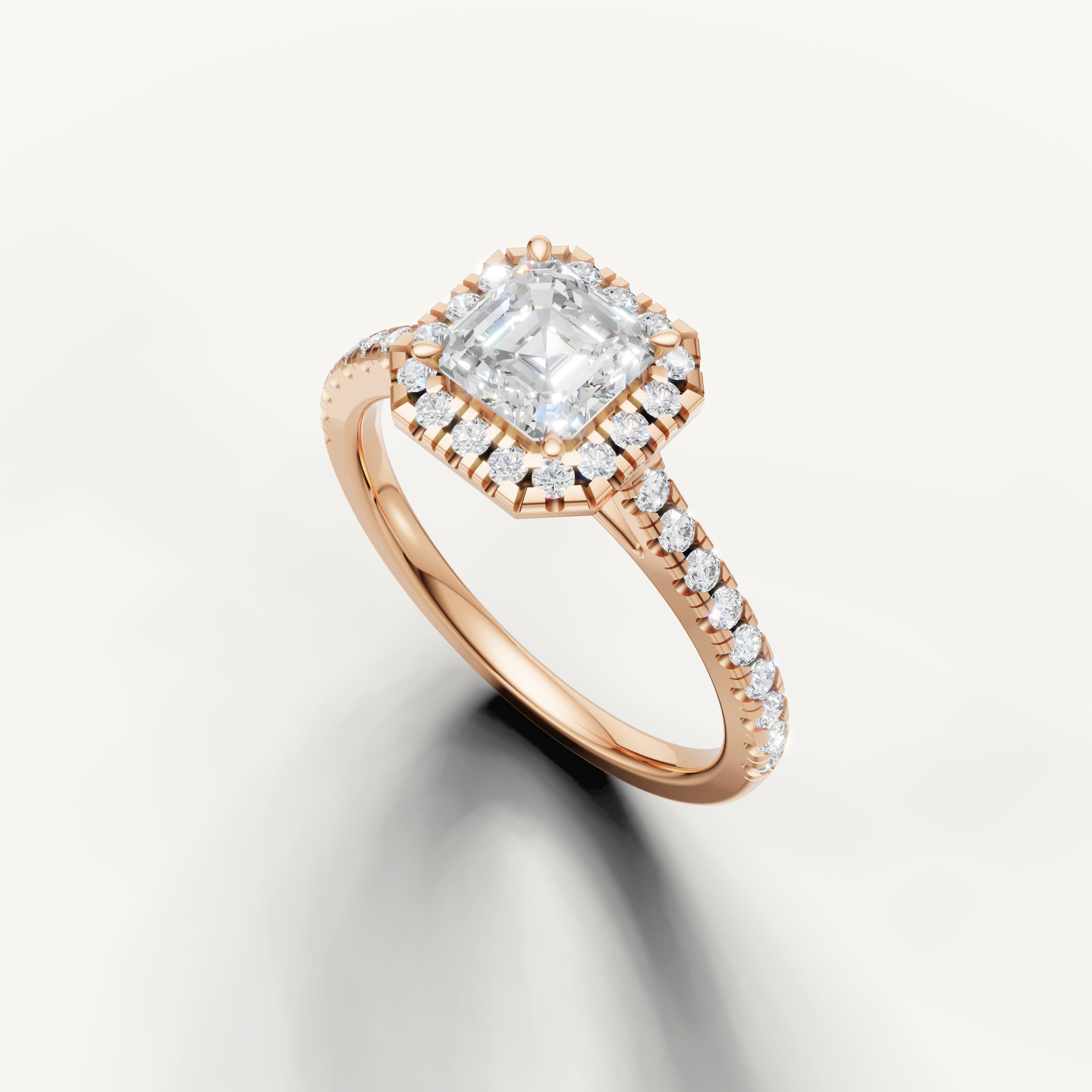 romantic asscher cut lab grown diamond halo ring with pavé diamond band