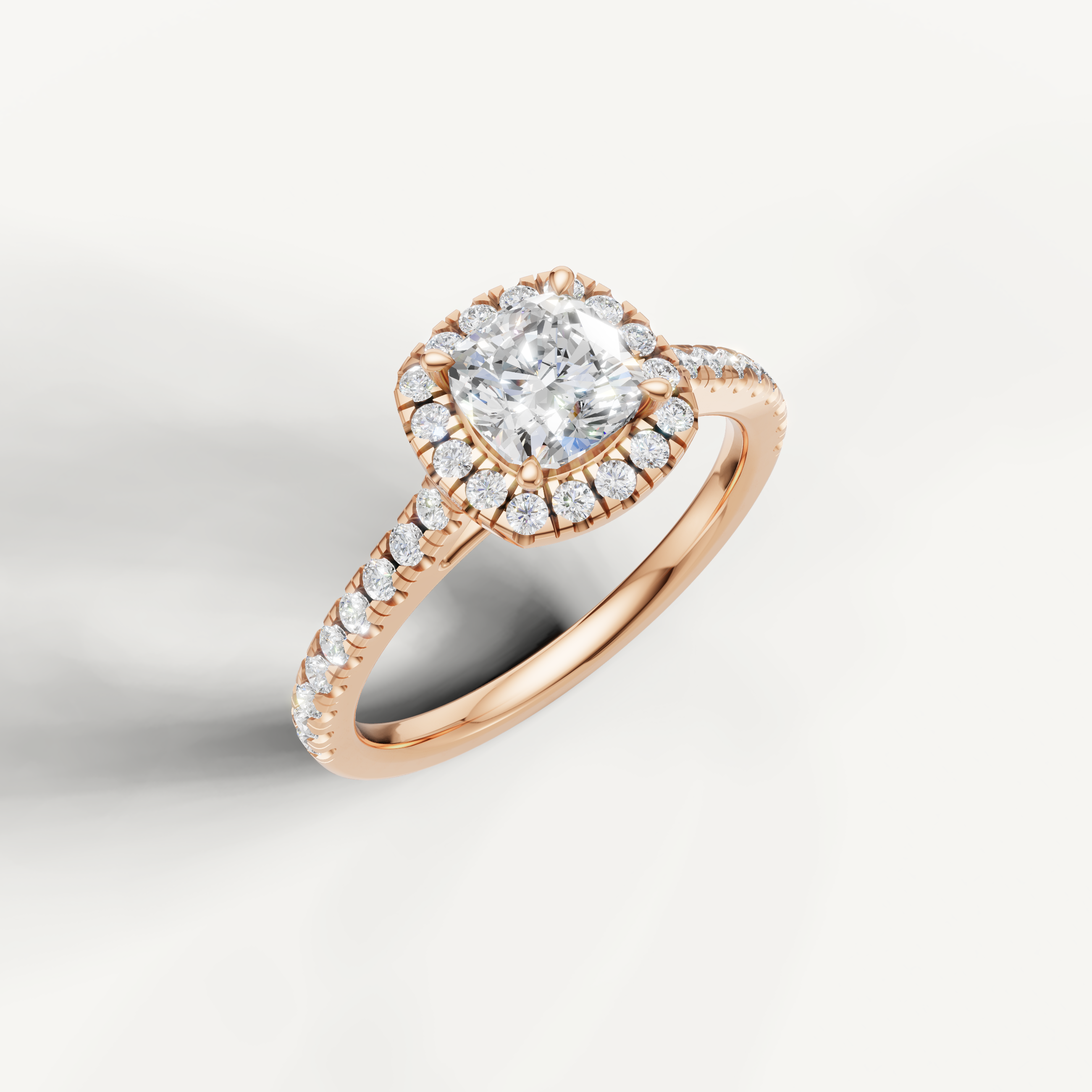 feminine cushion cut lab grown diamond halo ring with pavé diamond shank