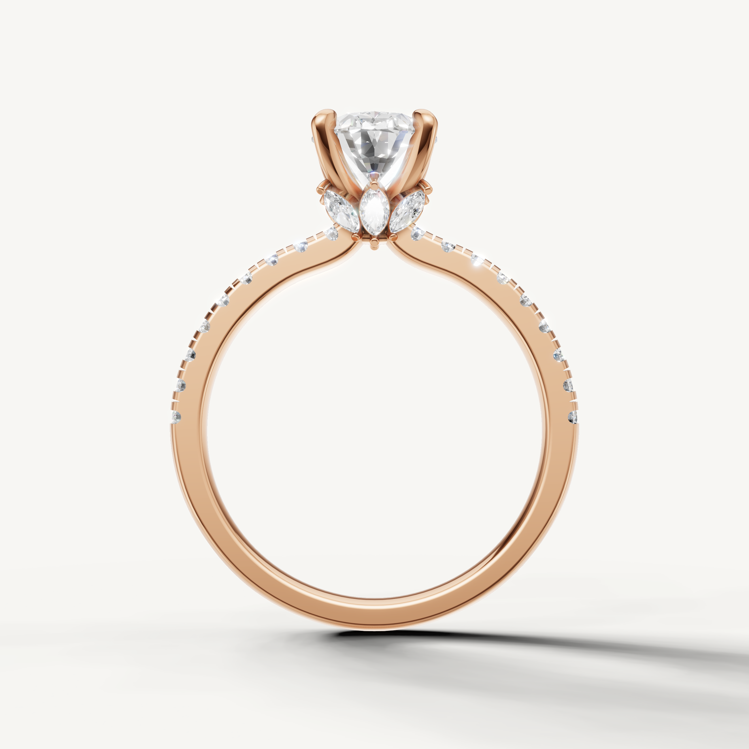 Oval shape lab grown diamond ring with half pavé band rose gold elegant style