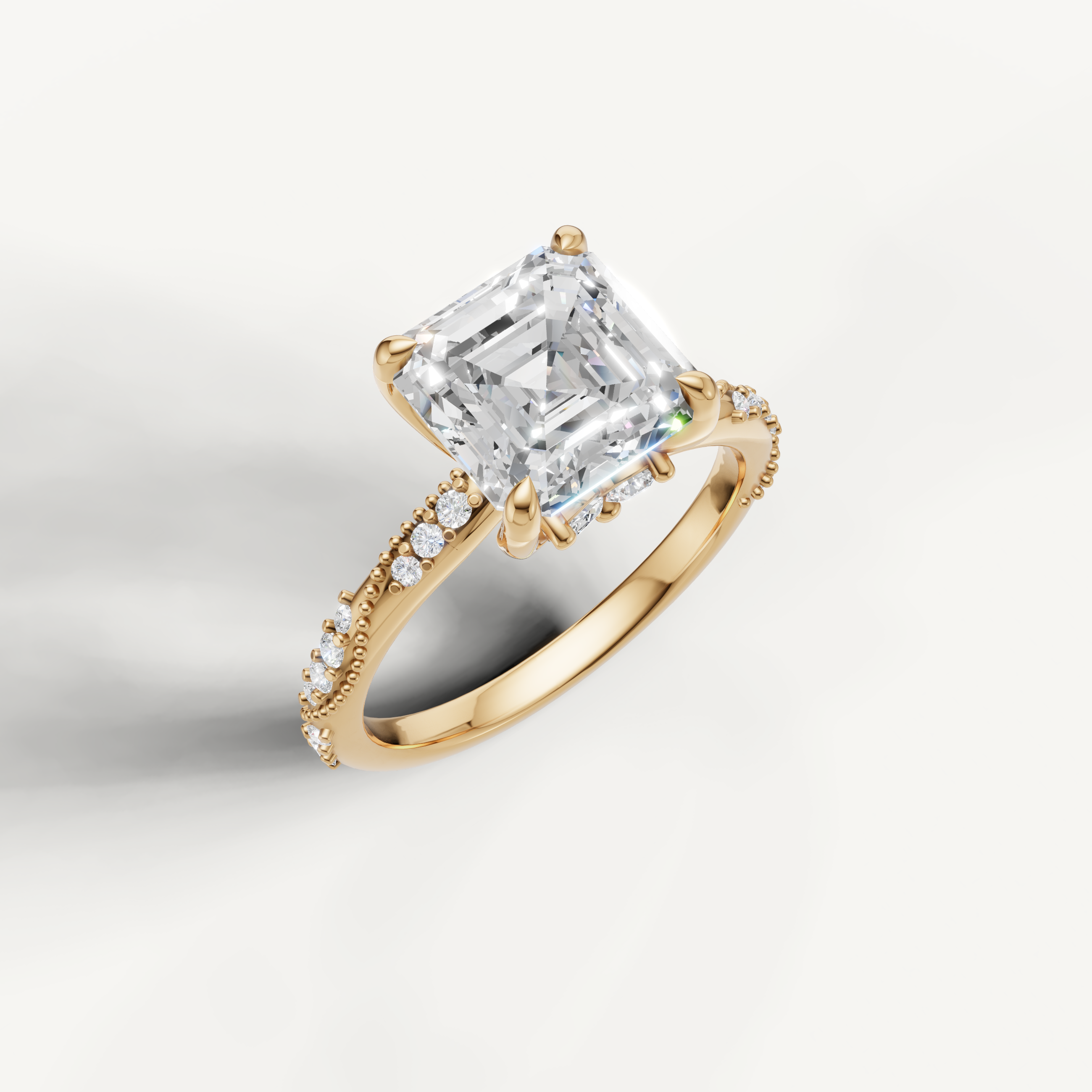 IGI certified asscher lab diamond ring with crossover pavé band 14k yellow gold