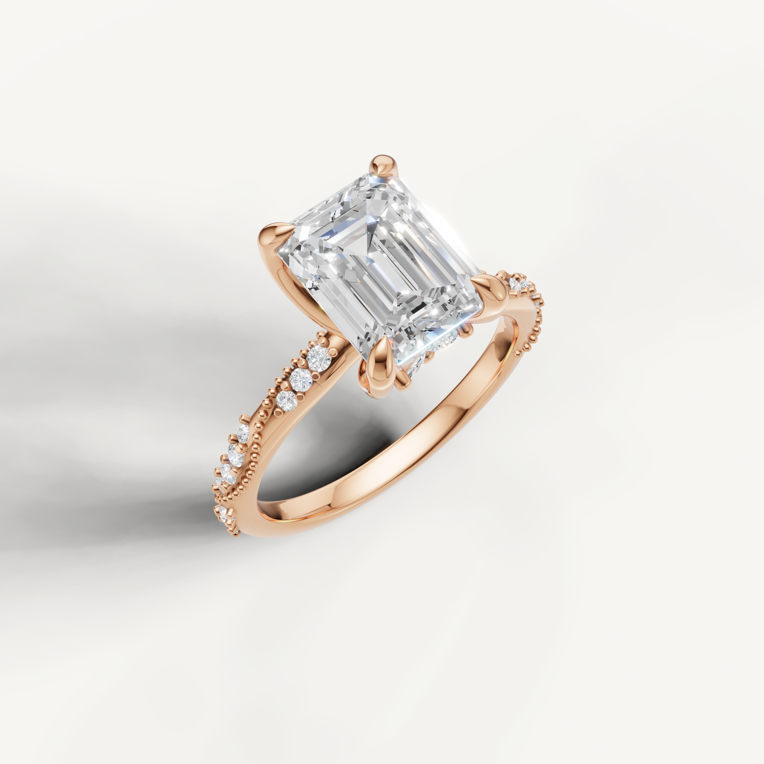 IGI certified emerald lab diamond ring with crossover pavé band 14k rose gold