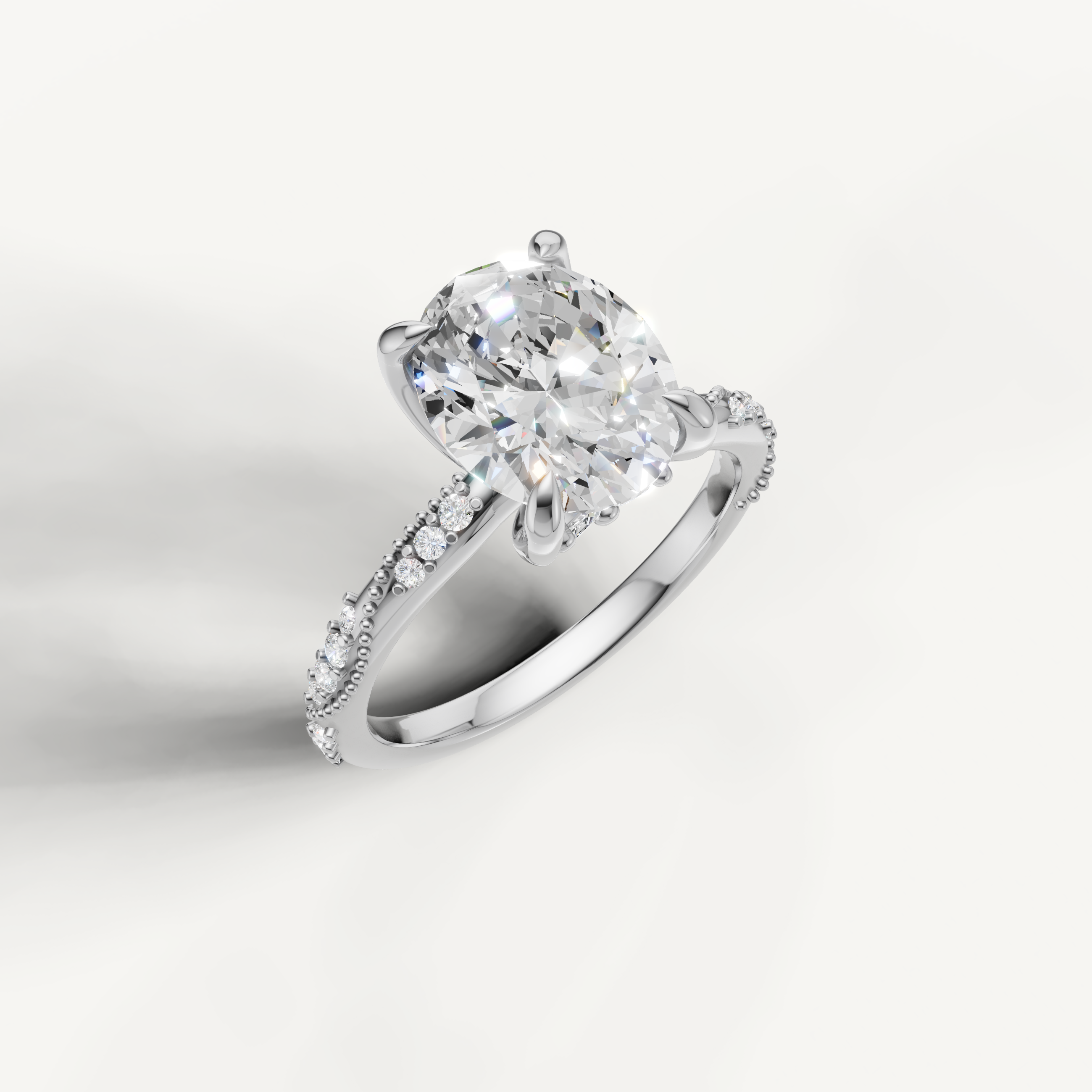 IGI certified oval lab diamond ring with crossover pavé shank 14k white gold