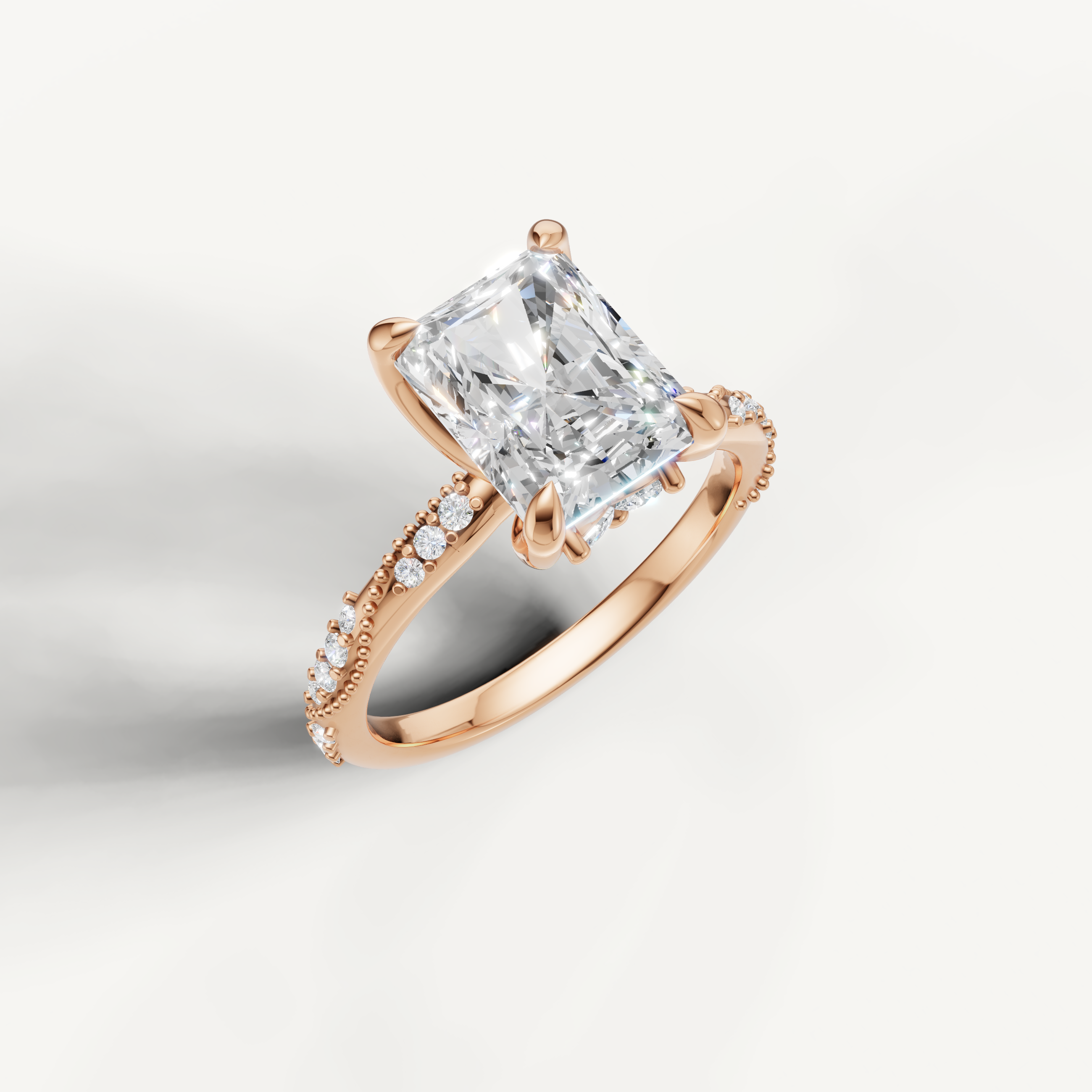 IGI certified radiant lab diamond ring with crossover pavé shank 14k rose gold