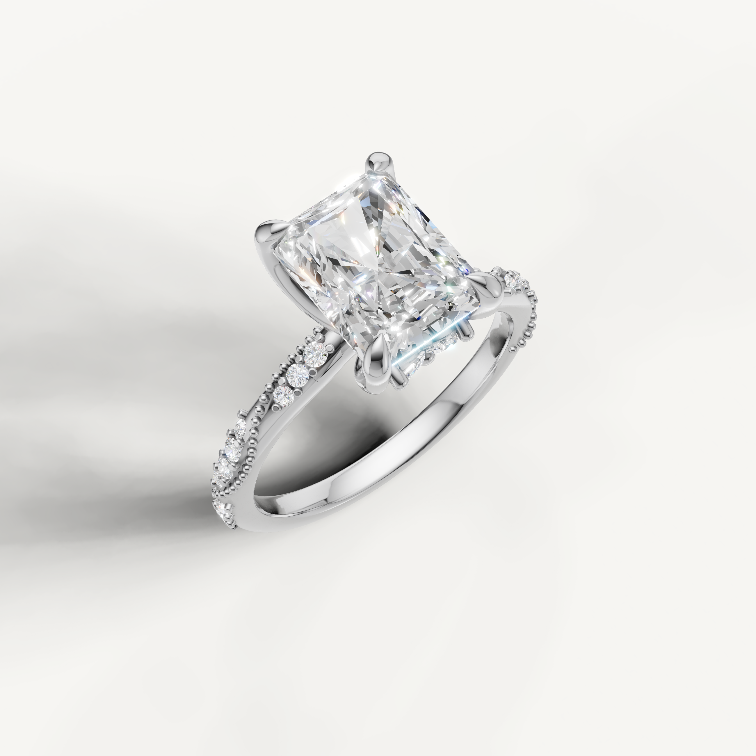IGI certified radiant lab diamond ring with crossover pavé shank 14k white gold