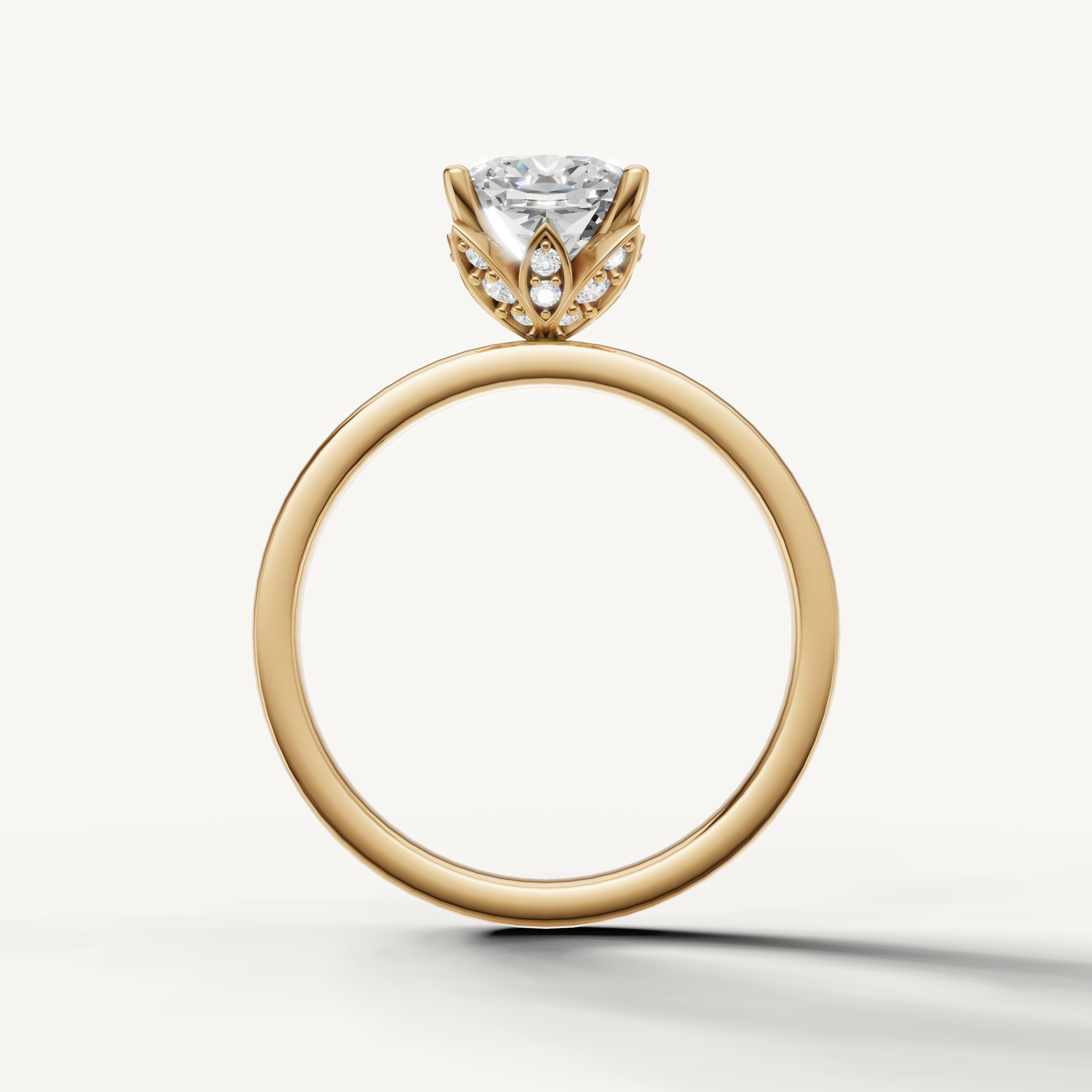 Minimalist cushion cut lab grown diamond engagement ring plain band yellow gold