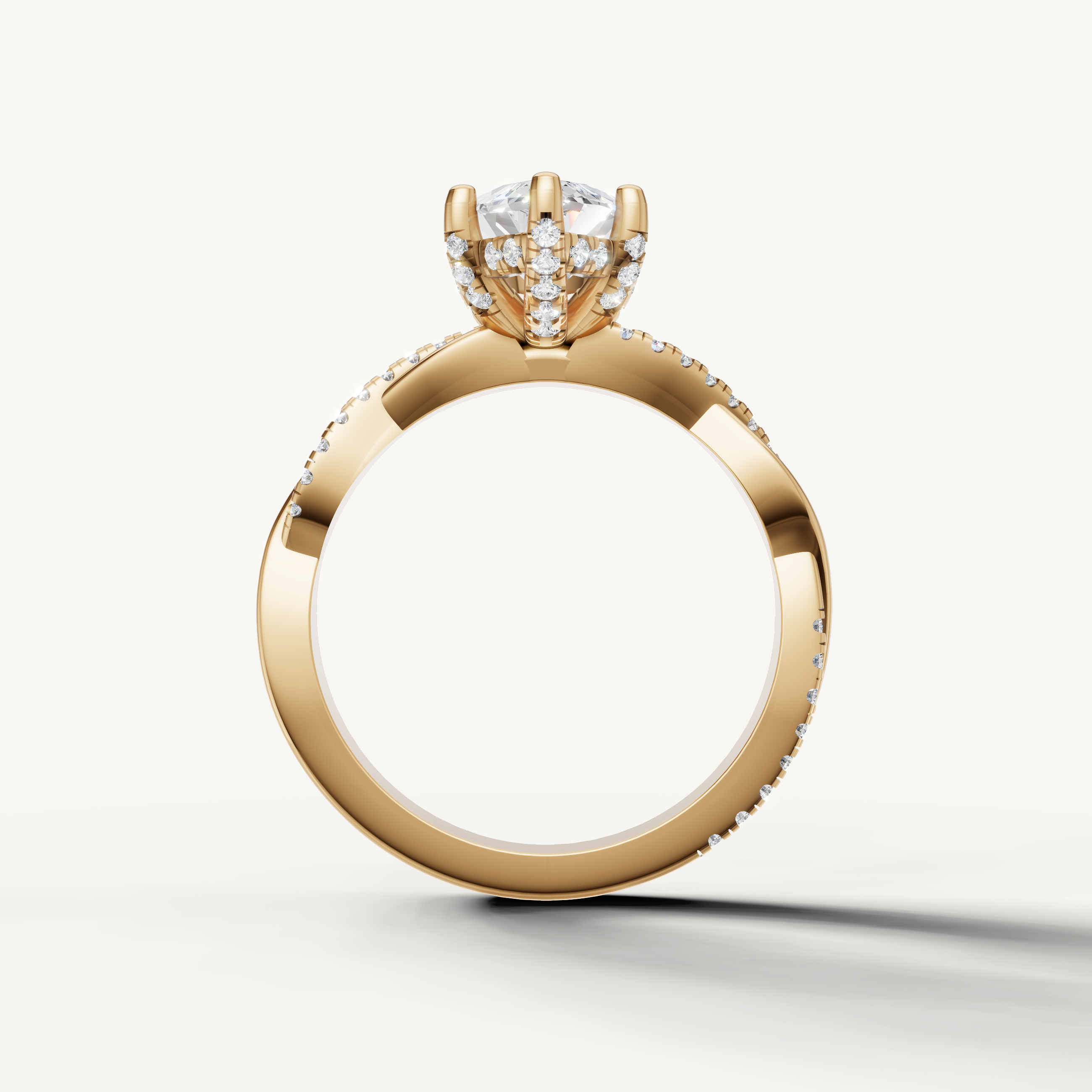 elongated marquise lab grown diamond engagement ring in 14k yellow gold with graceful split shank detailing